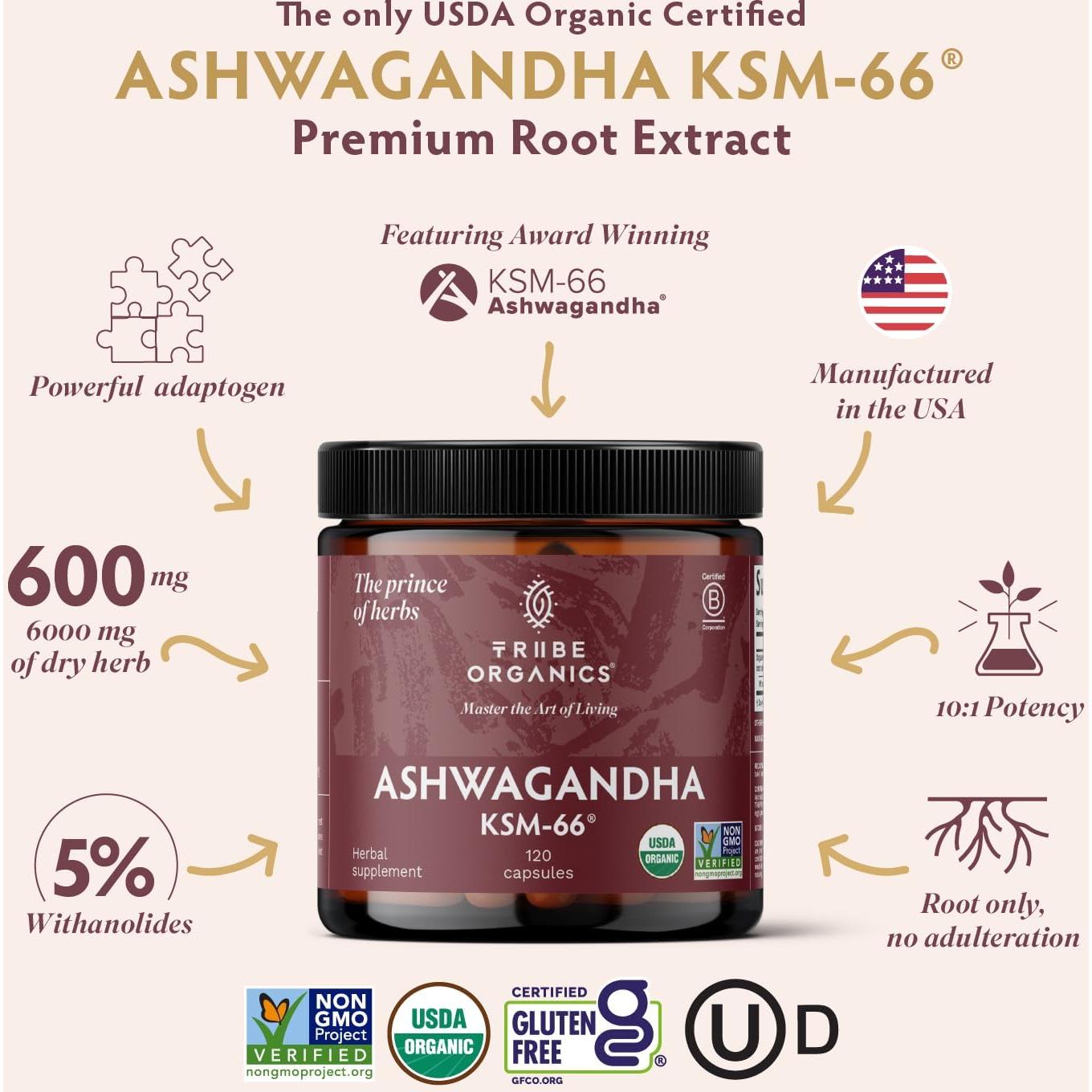 Suplemento de Ashwagandha KSM-66 Tribe Organics 600mg - 90 Cápsulas