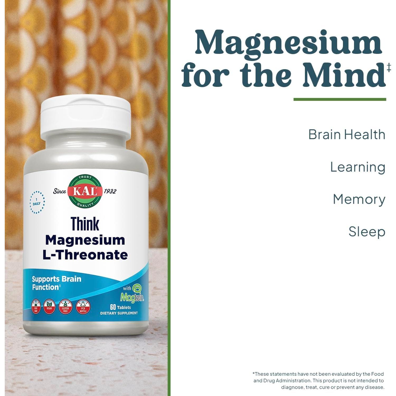KAL Think Magnesio L-Treonato 2000 mg - 60 Tabletas Veganas