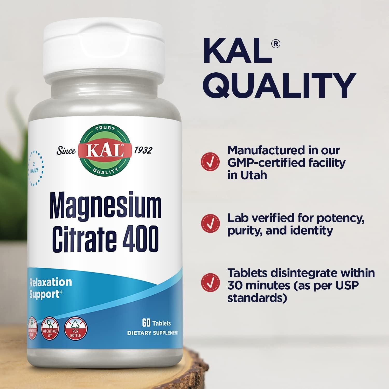 Citrato de Magnesio KAL 400mg - Suplemento Vegano 60 Tabletas