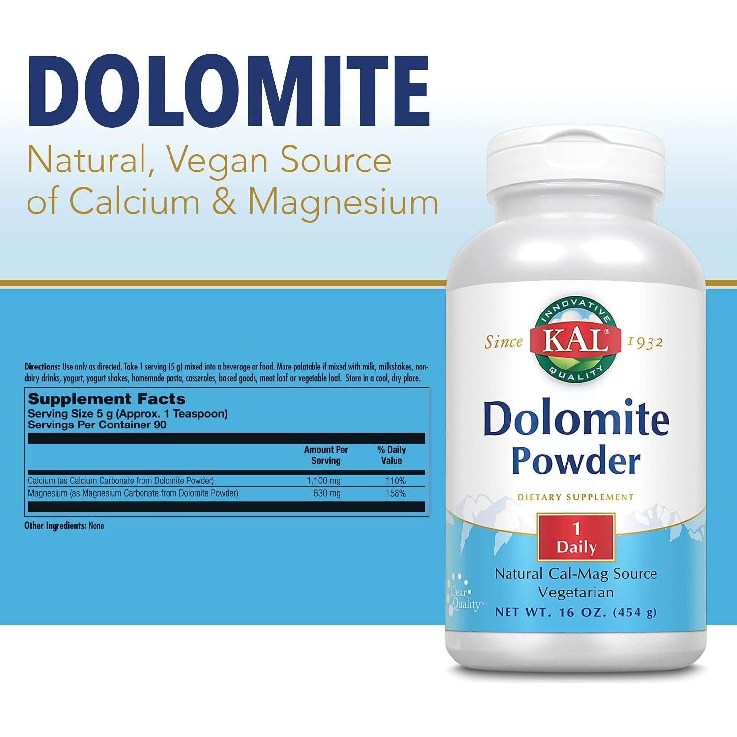 Polvo de Dolomita KAL 453g - Suplemento de Calcio y Magnesio