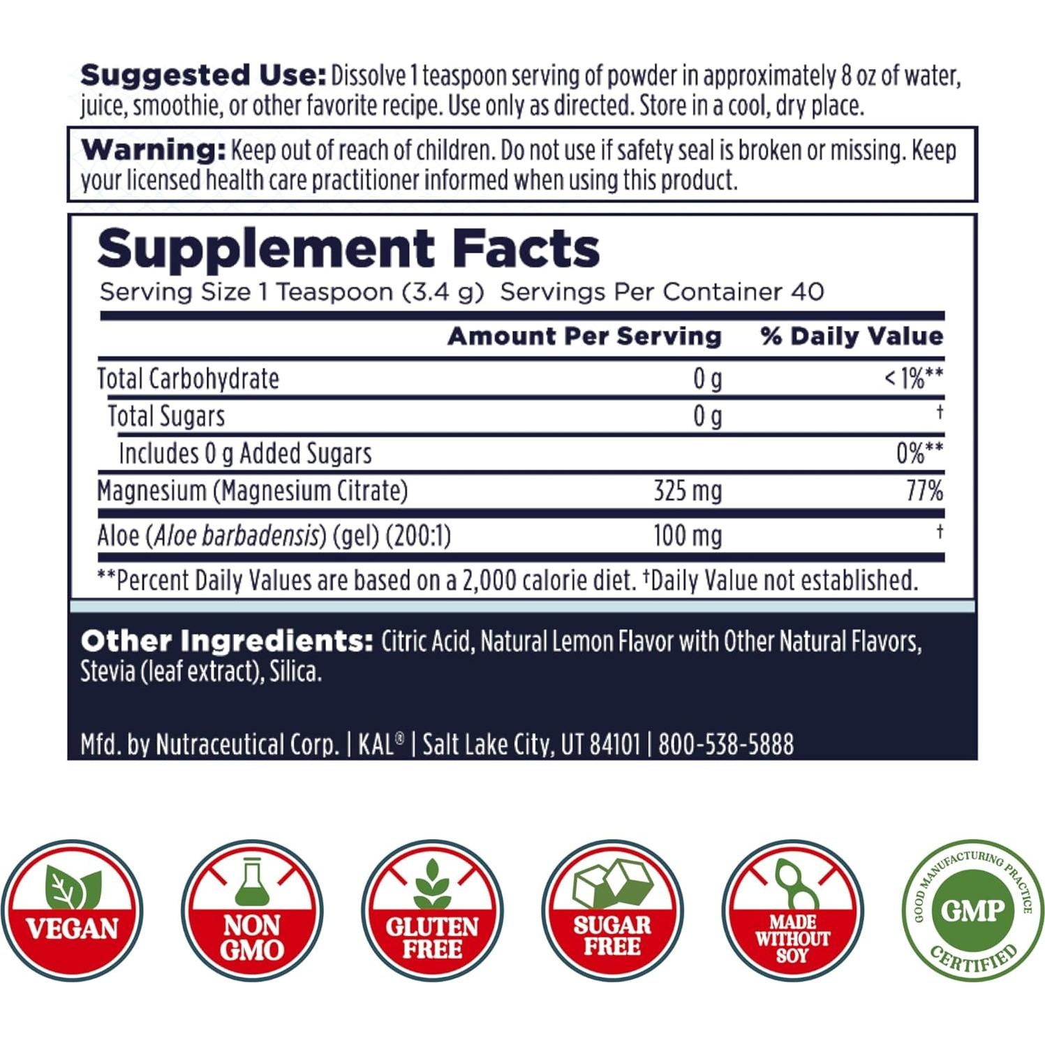 Suplemento de Magnesio KAL con Aloe Vera en Polvo 136g