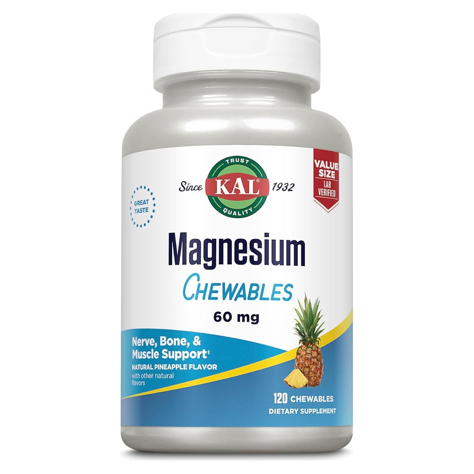 KAL Magnesio Masticable 120 Tabletas Piña - Sin Azúcar