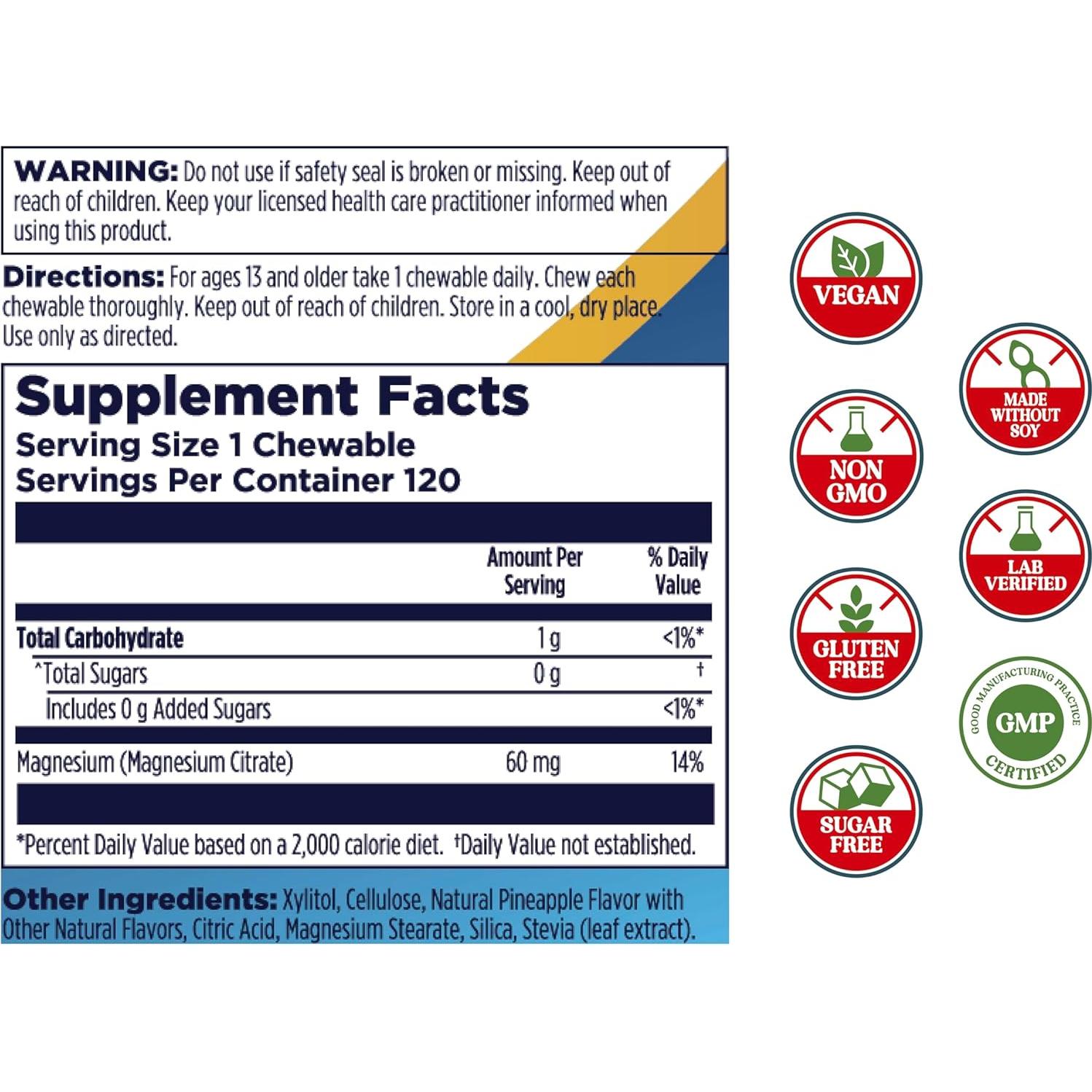 KAL Magnesio Masticable 120 Tabletas Piña - Sin Azúcar