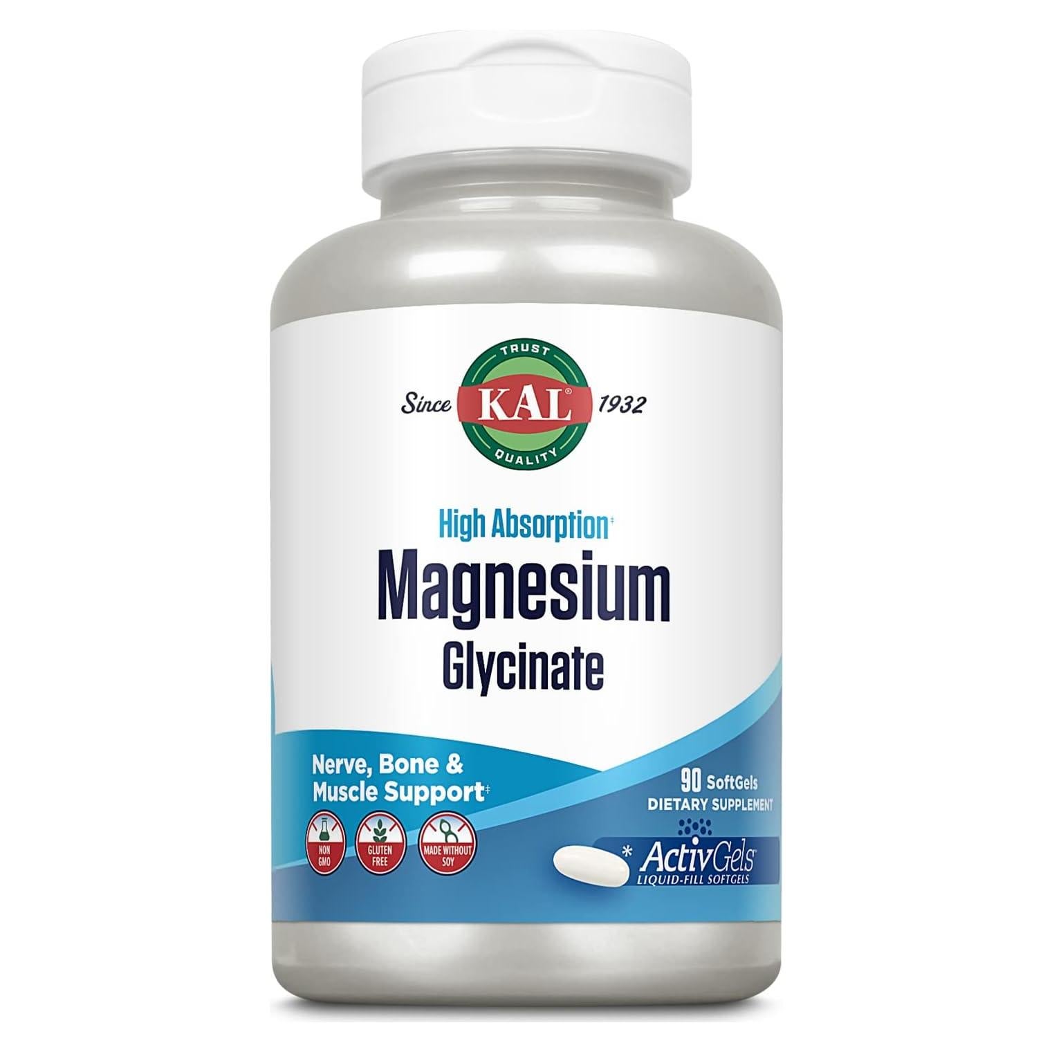 Suplemento de Magnesio Glicinato KAL 315mg 90 Cápsulas