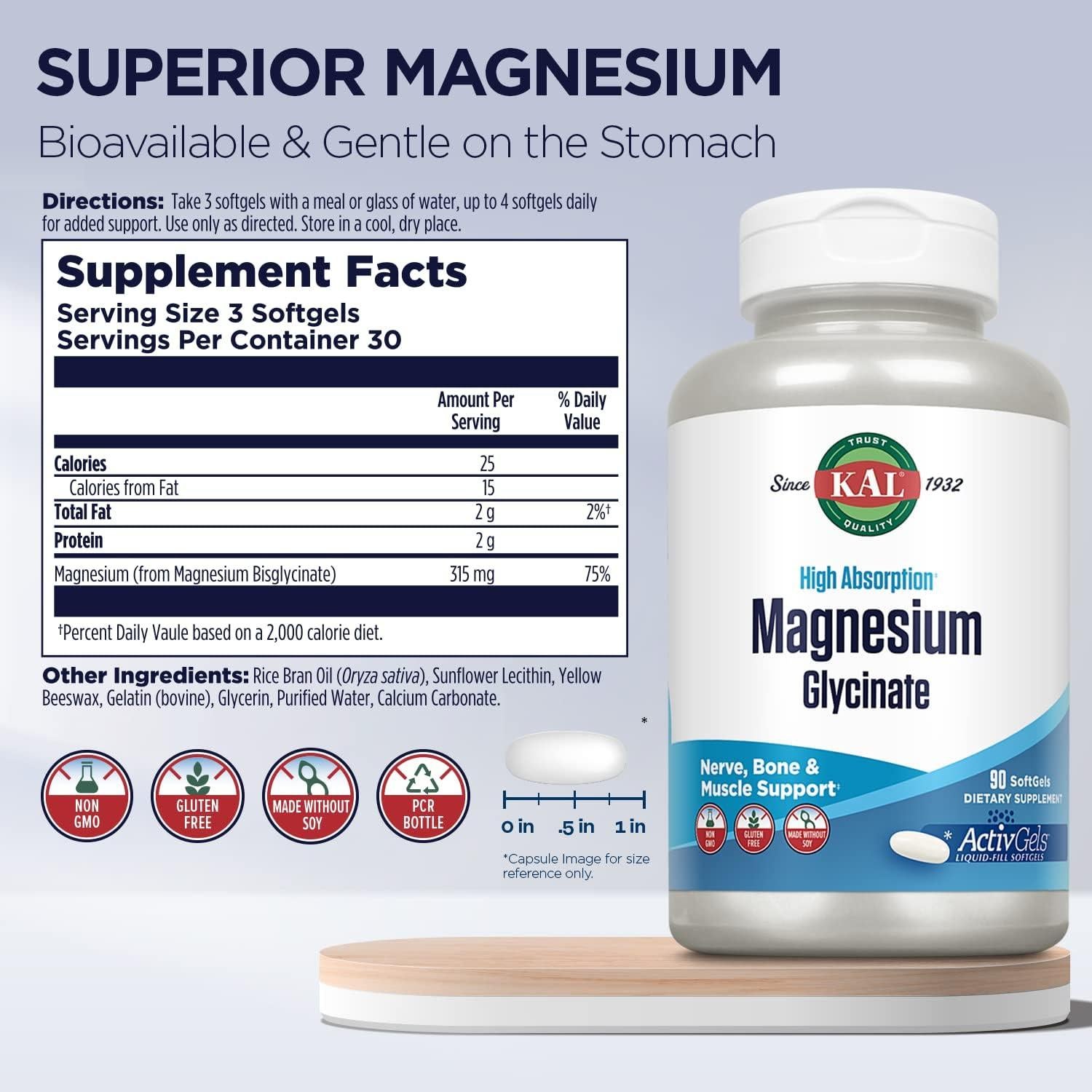 Suplemento de Magnesio Glicinato KAL 315mg 90 Cápsulas