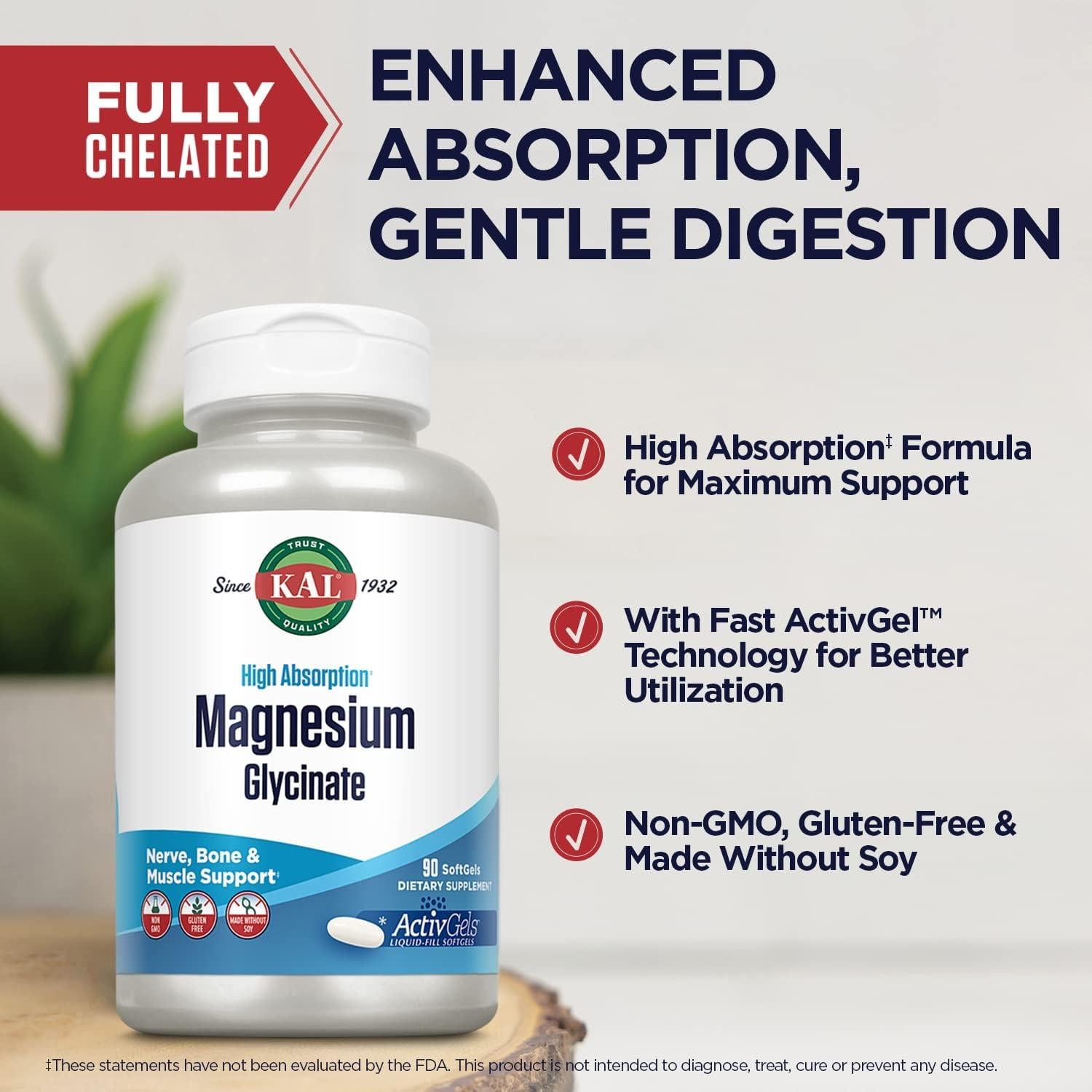 Suplemento de Magnesio Glicinato KAL 315mg 90 Cápsulas