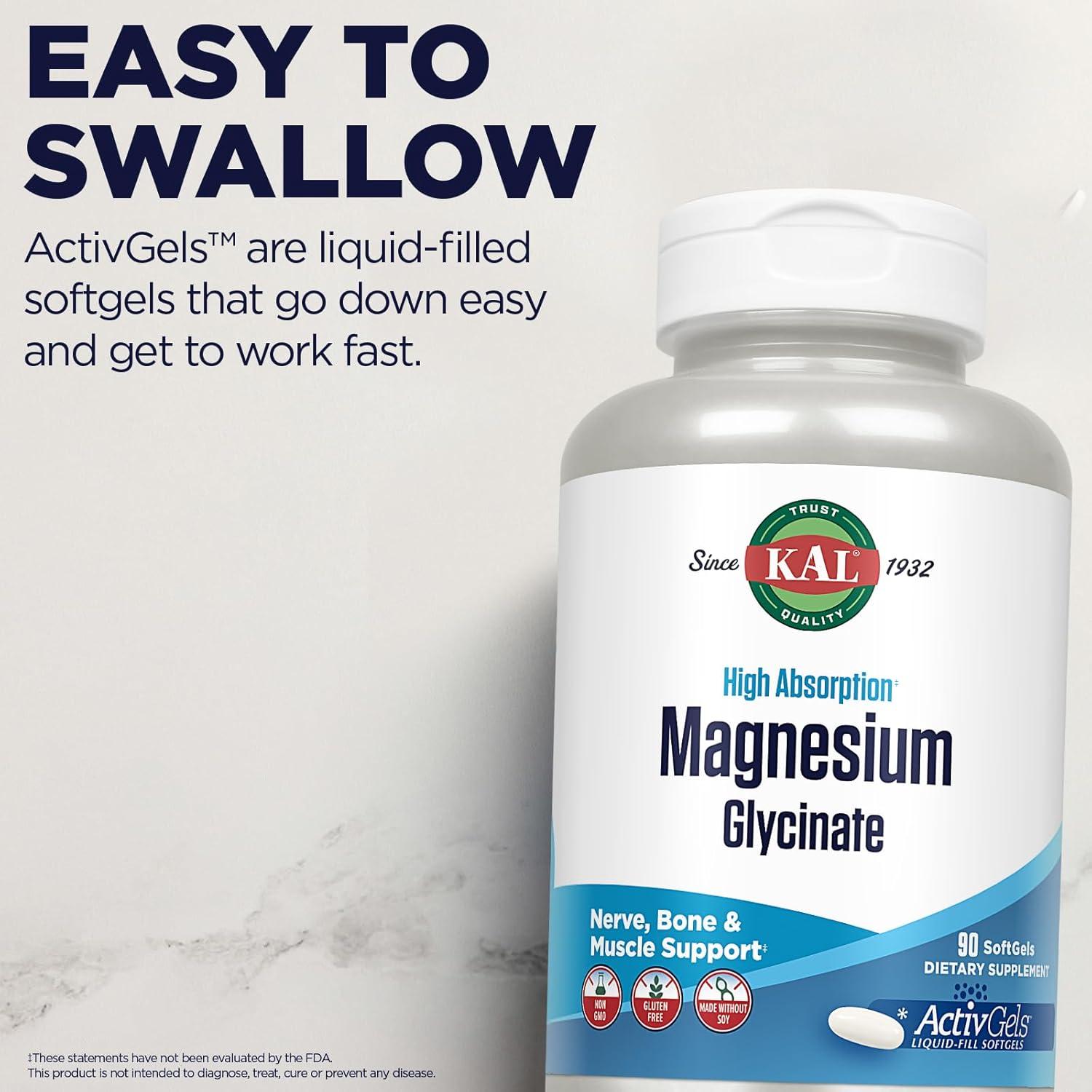 Suplemento de Magnesio Glicinato KAL 315mg 90 Cápsulas