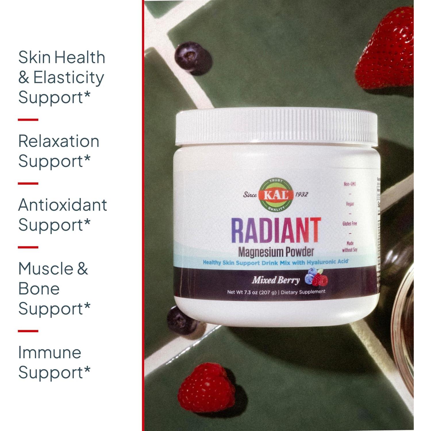 KAL Polvo de Magnesio Radiante 207g - Sabor Mezcla de Bayas - Antioxidante
