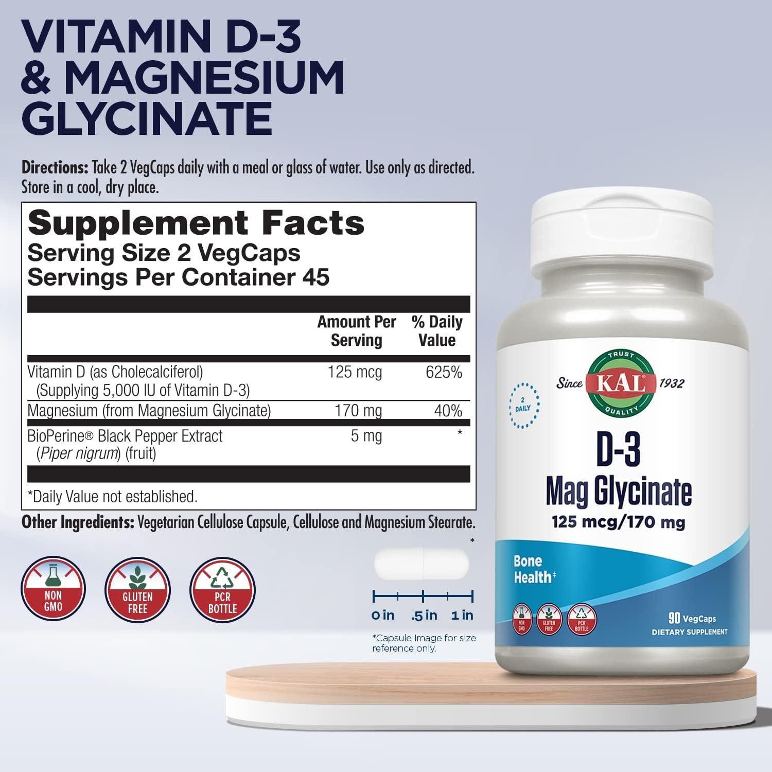 Suplemento KAL Vitamina D3 125 mcg y Magnesio 170 mg 90 VegCaps