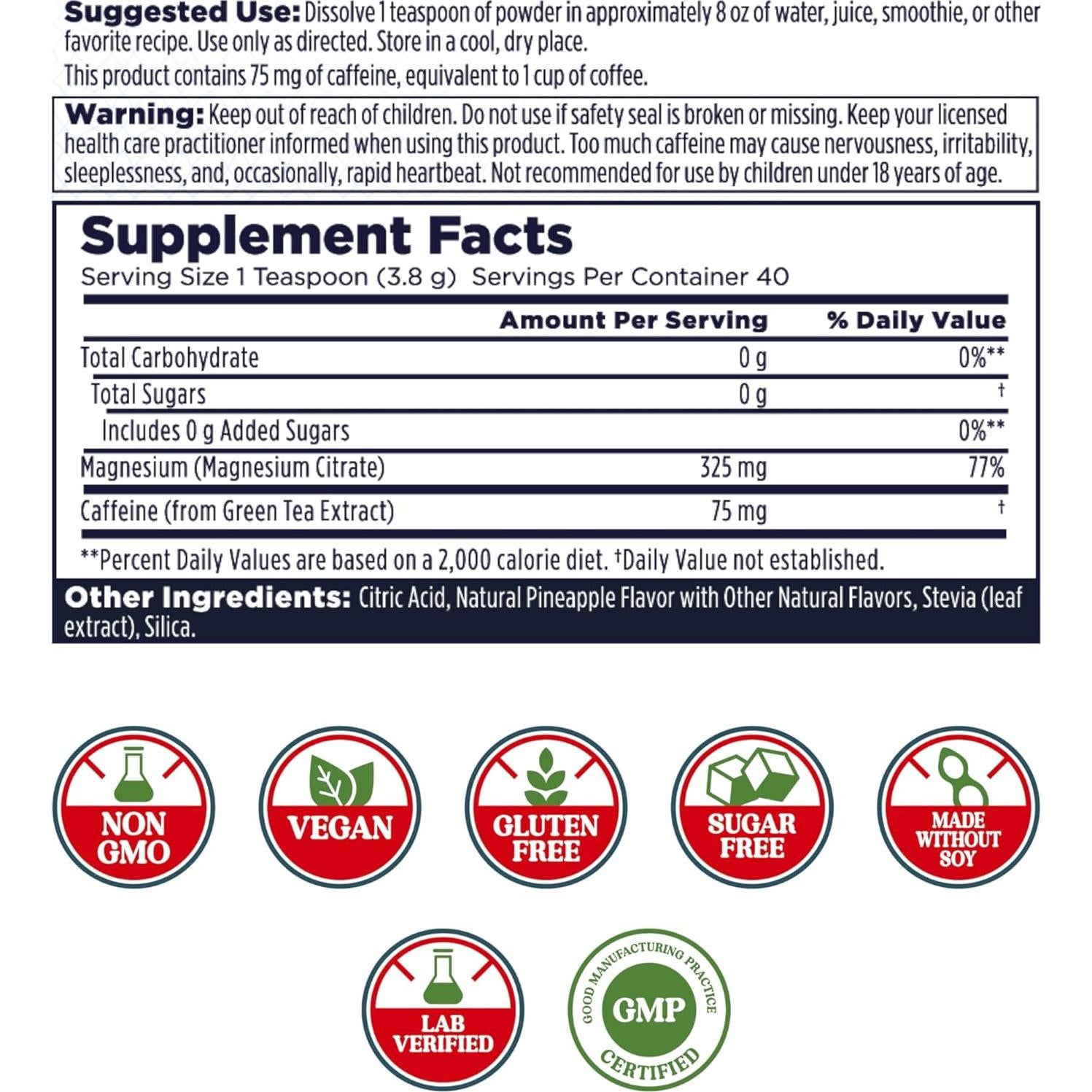 KAL Polvo de Magnesio Energía Sabor Piña 40 Porciones