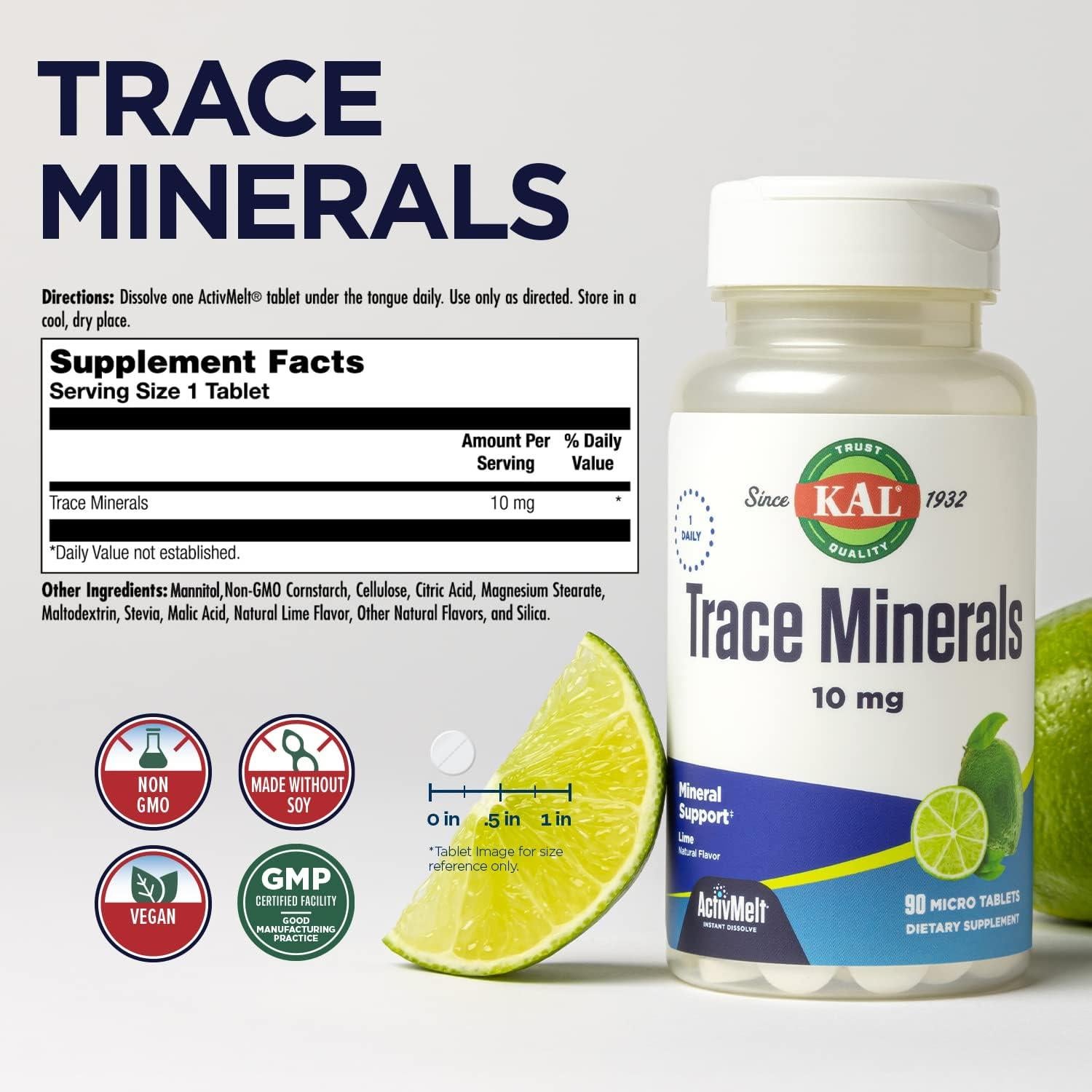 Suplemento KAL Minerales Traza 10 mg Sabor Lima 90 Tabletas