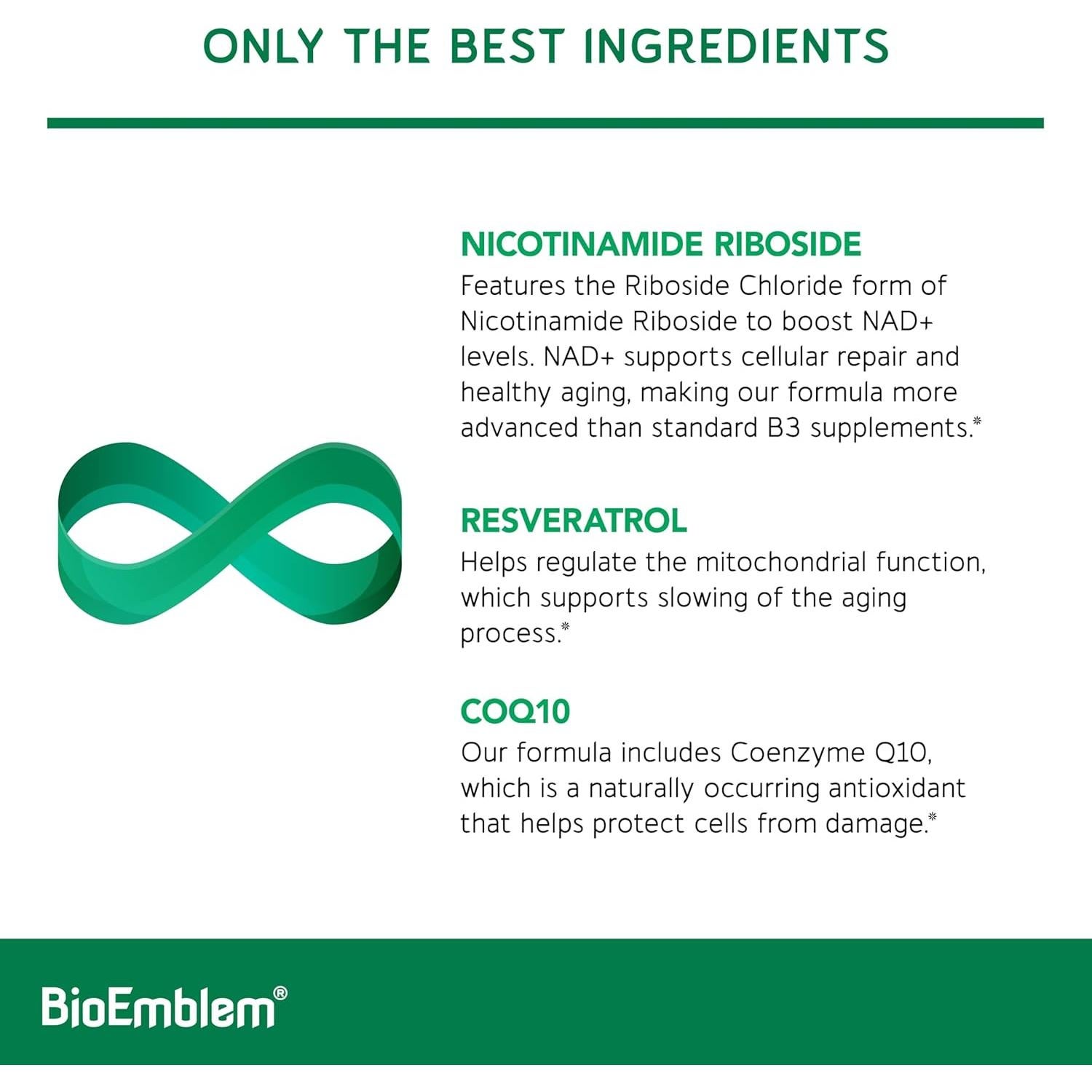 Suplemento NAD+ BioEmblem 300 mg Ribósido Nicotinamida 45 Cápsulas