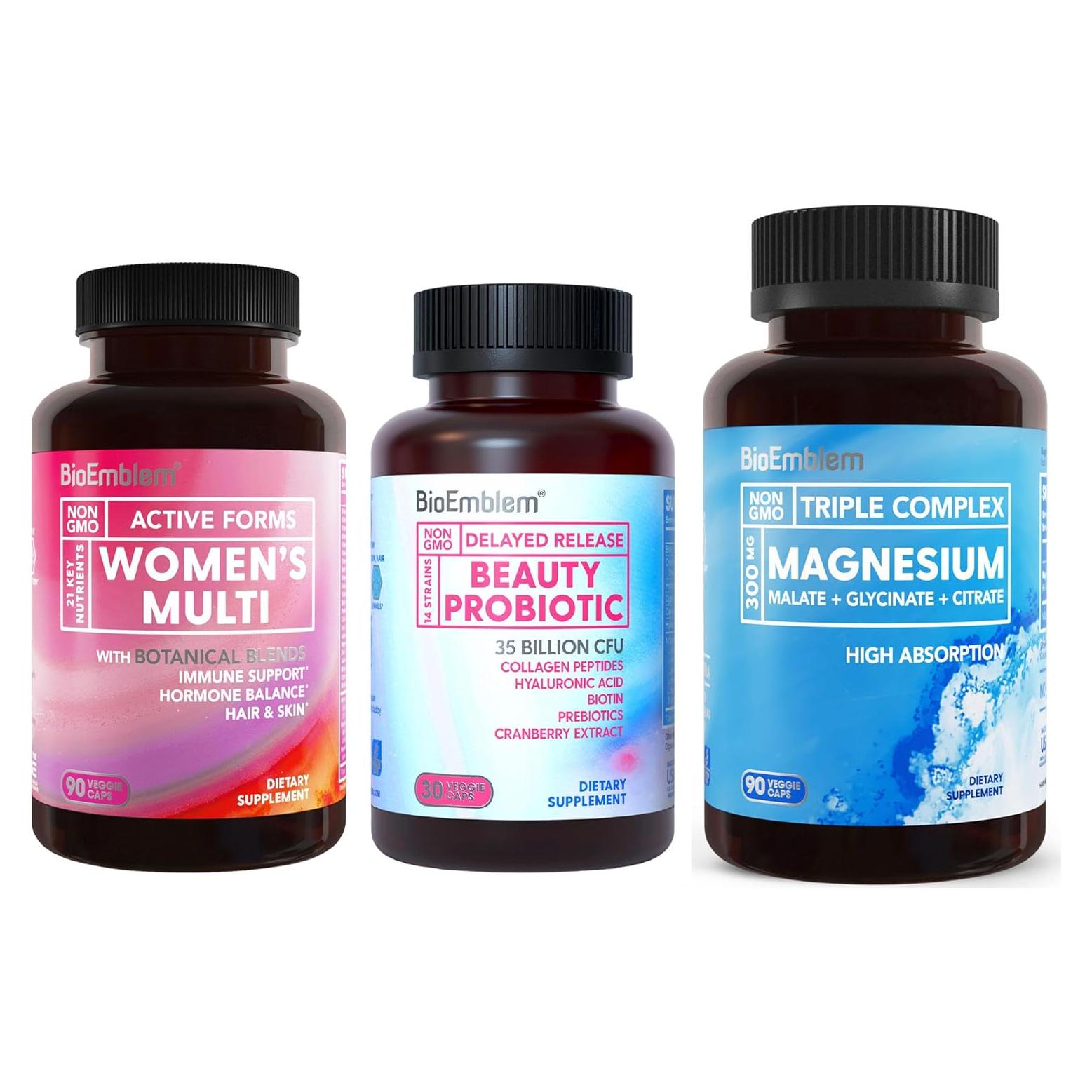 Complejo de Magnesio Triple BioEmblem 300mg + Probioticos y Multivitaminico Mujer