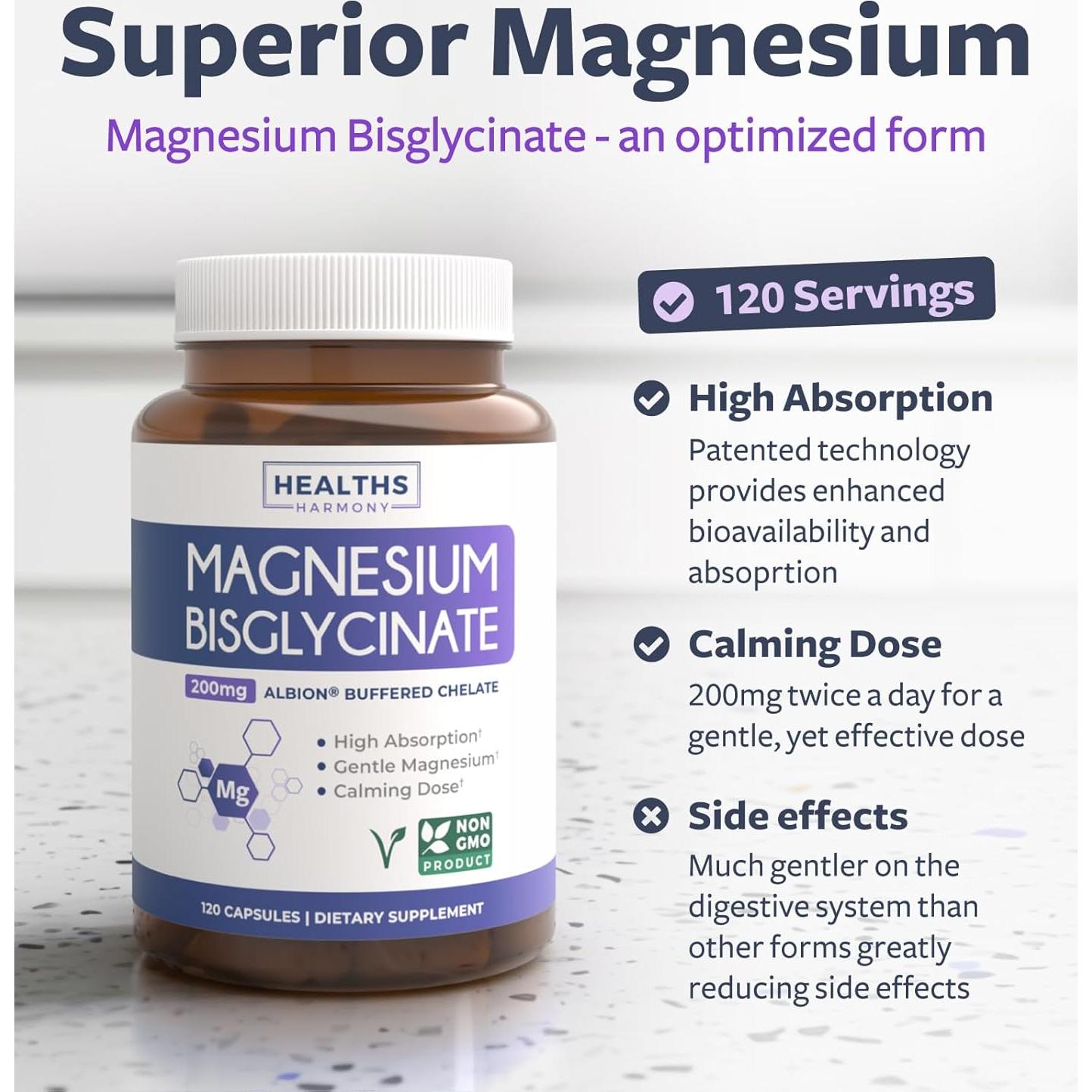 Cápsulas de Bisglicinato de Magnesio 200mg Healths Harmony - 120 Unidades