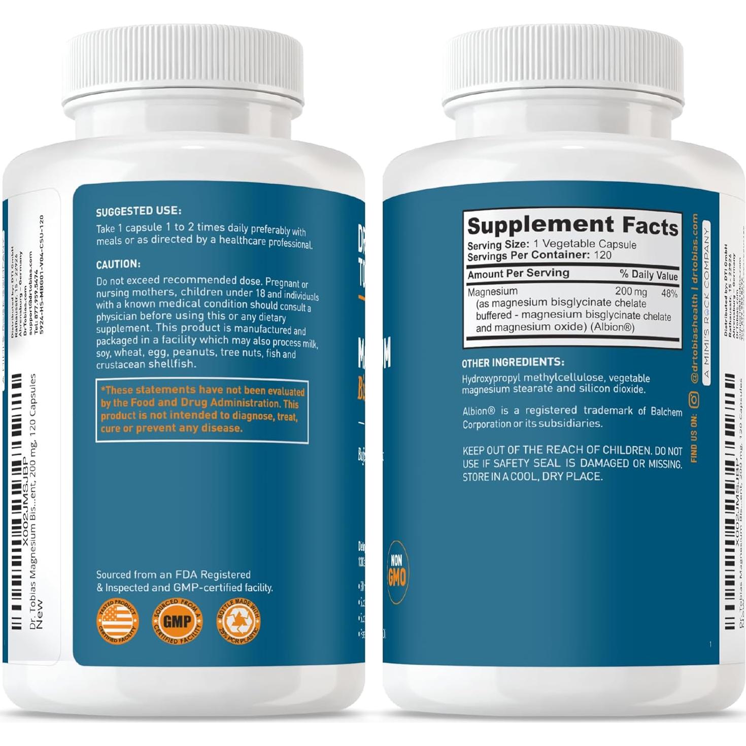 Suplemento de Magnesio Bisglicinato Dr. Tobias 200 mg 120 Cápsulas