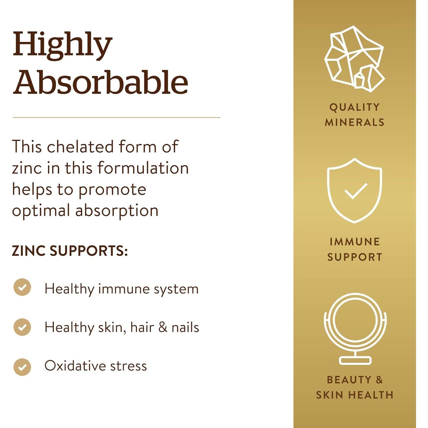 Solgar Zinc Quelado 250 Tabletas - Apoyo Inmunológico y Piel Saludable