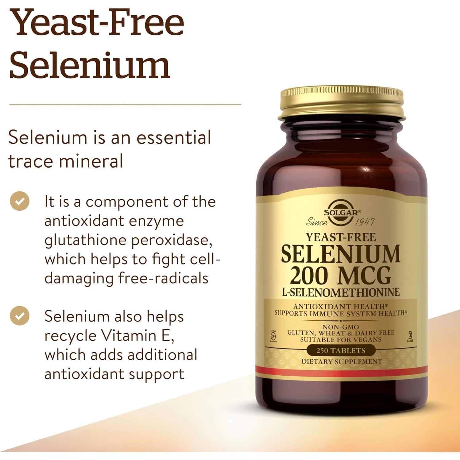 Selenio Sin Levadura Solgar 200 mcg 250 Tabletas Veganas