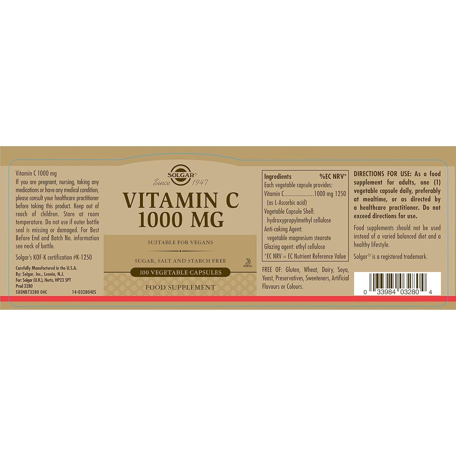 Solgar Vitamina C 1000 mg 100 Cápsulas Vegetales Antioxidante