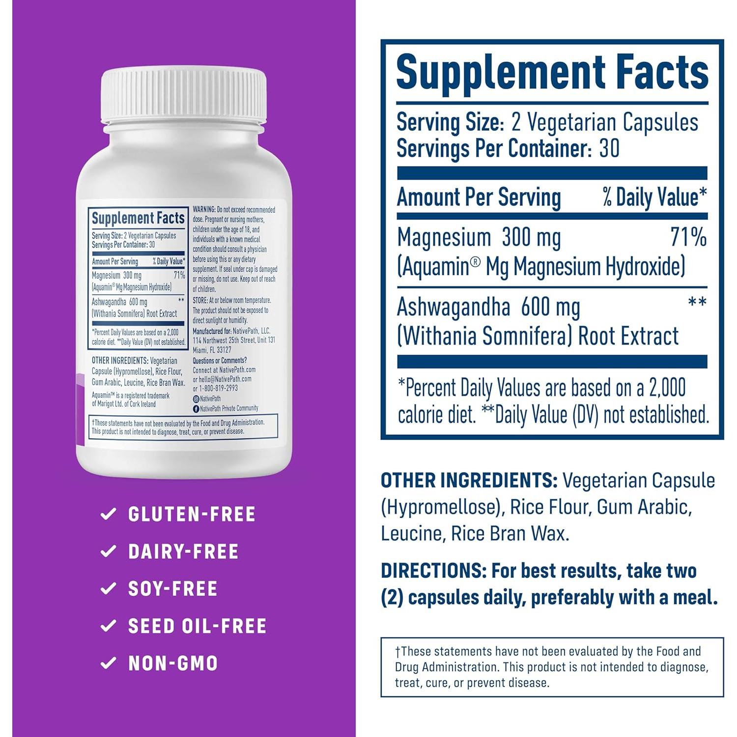 Suplemento de Magnesio NativePath con Ashwagandha 60 Cápsulas