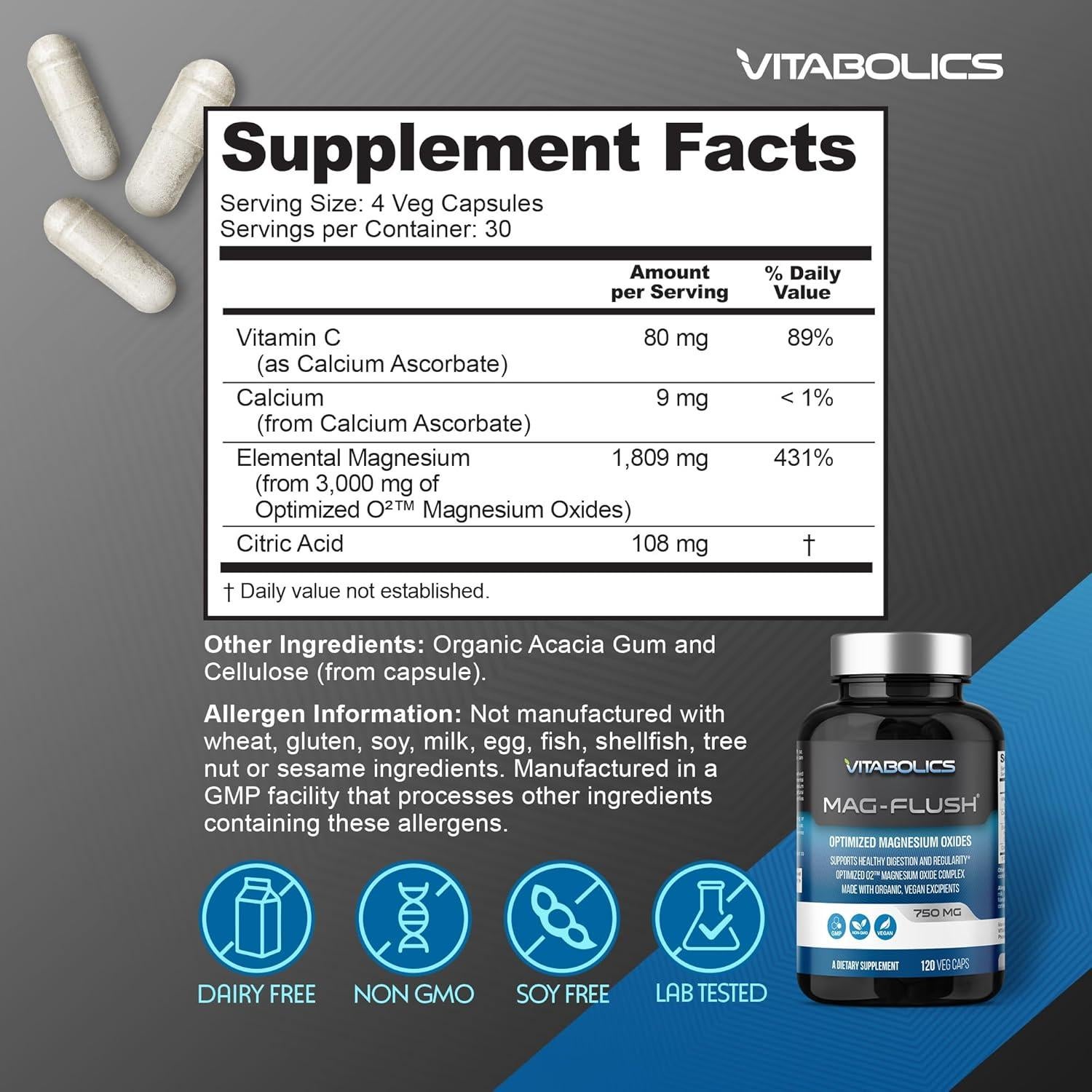 Cápsulas de Óxido de Magnesio Vitabolics Mag Flush 750mg 120 Vcaps