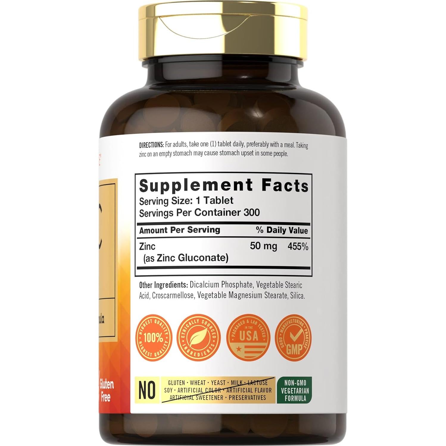 Suplemento de Zinc 50mg Carlyle | 300 Tabletas Vegetales | Libre de Gluten