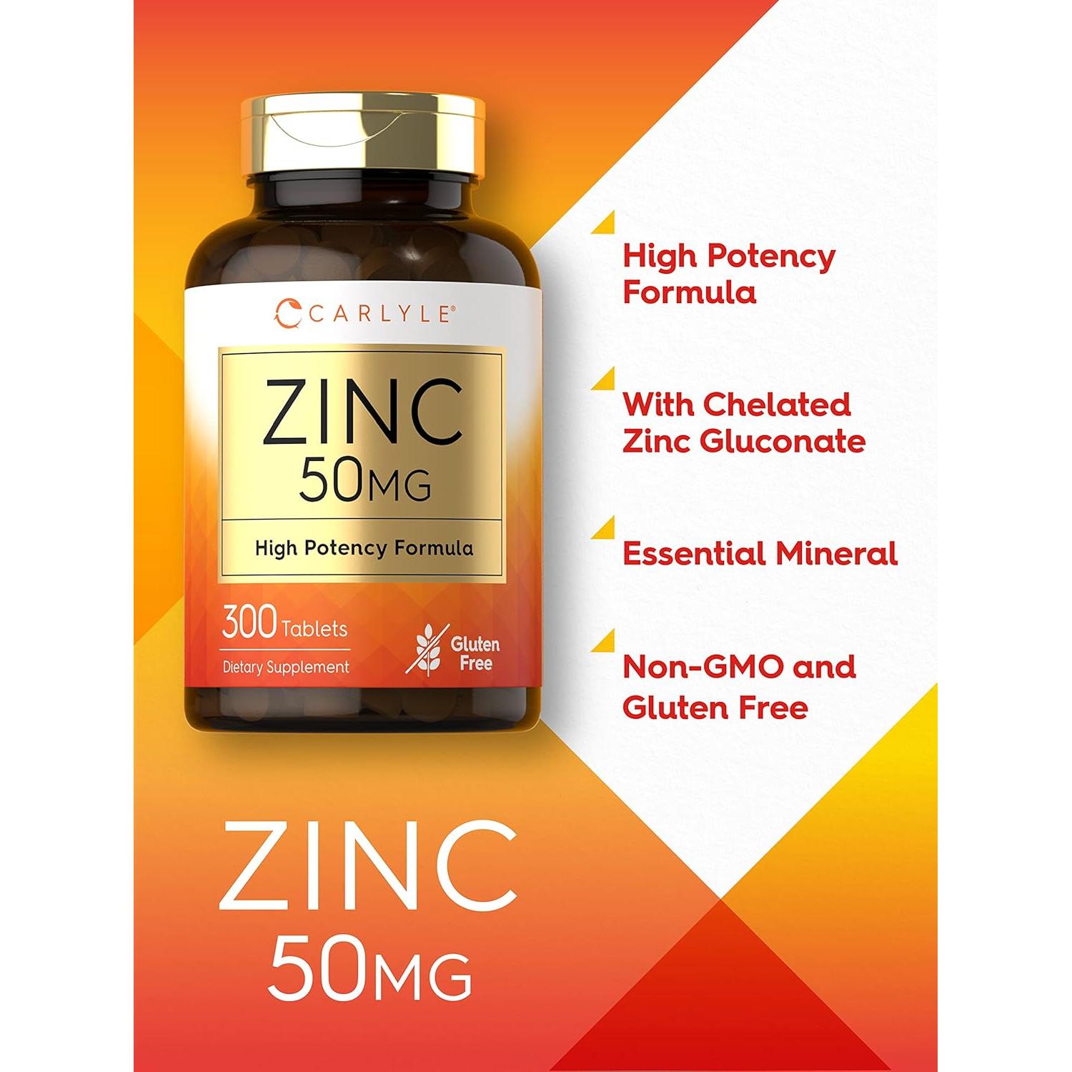 Suplemento de Zinc 50mg Carlyle | 300 Tabletas Vegetales | Libre de Gluten