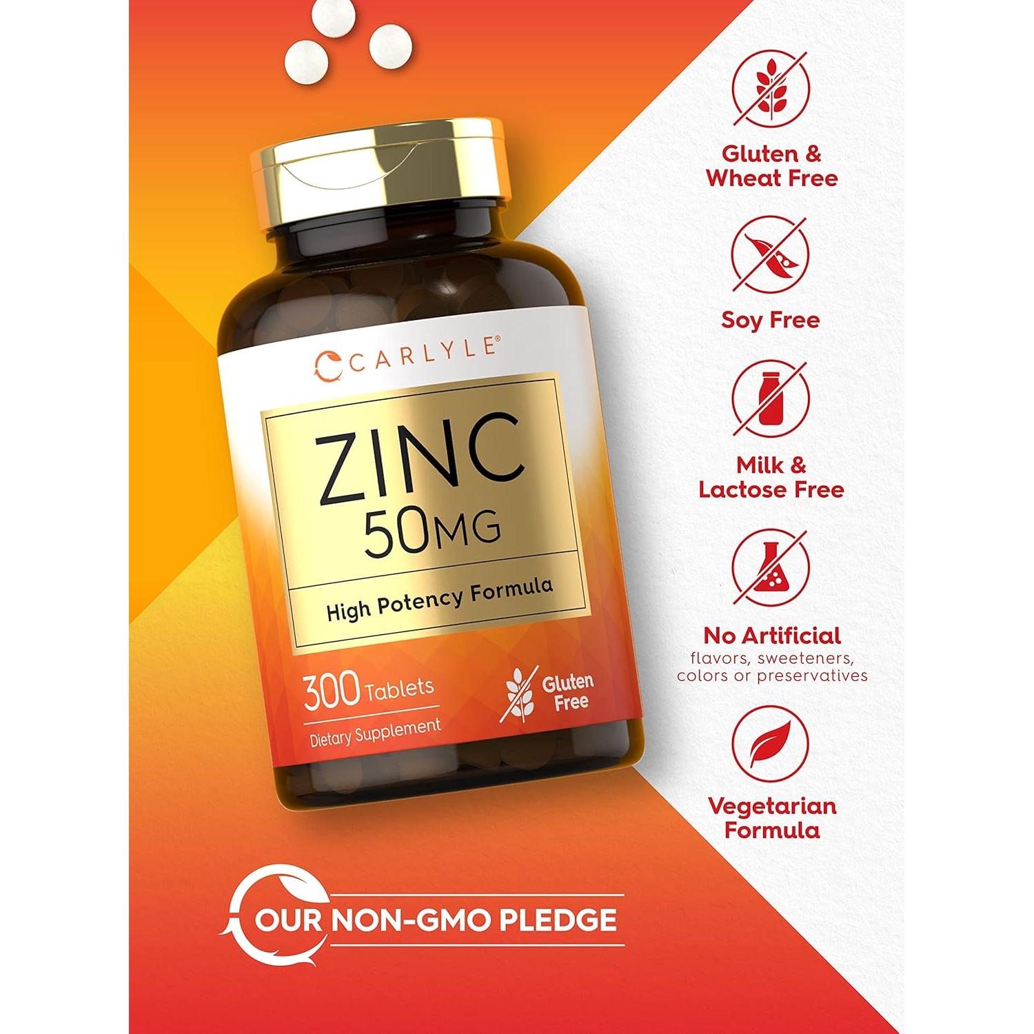 Suplemento de Zinc 50mg Carlyle | 300 Tabletas Vegetales | Libre de Gluten