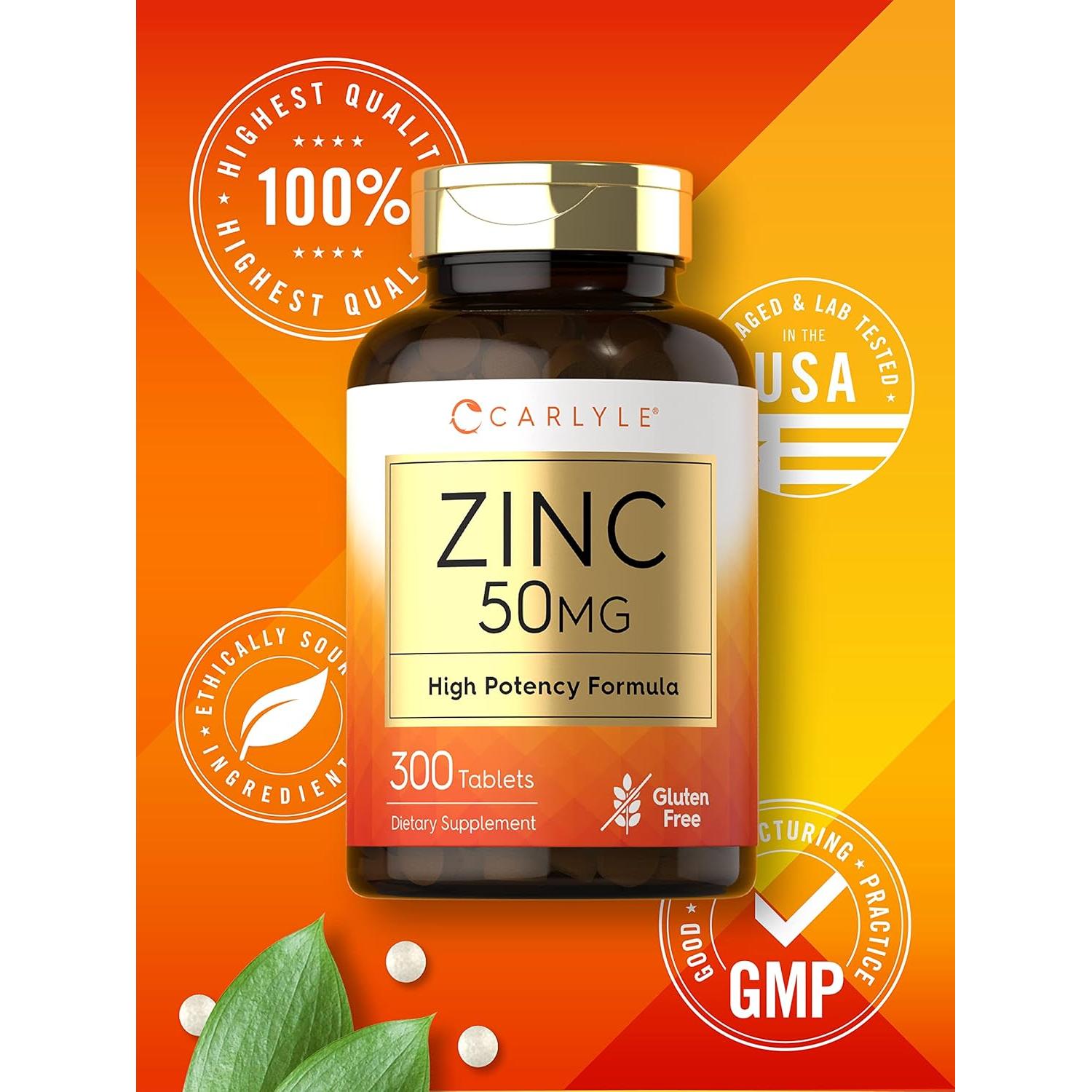 Suplemento de Zinc 50mg Carlyle | 300 Tabletas Vegetales | Libre de Gluten