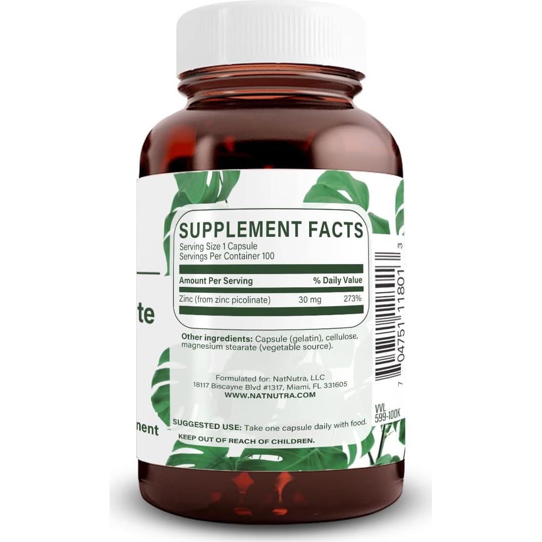 Zinc Picolinate Natural Nutra 30 mg 100 Cápsulas Suplemento