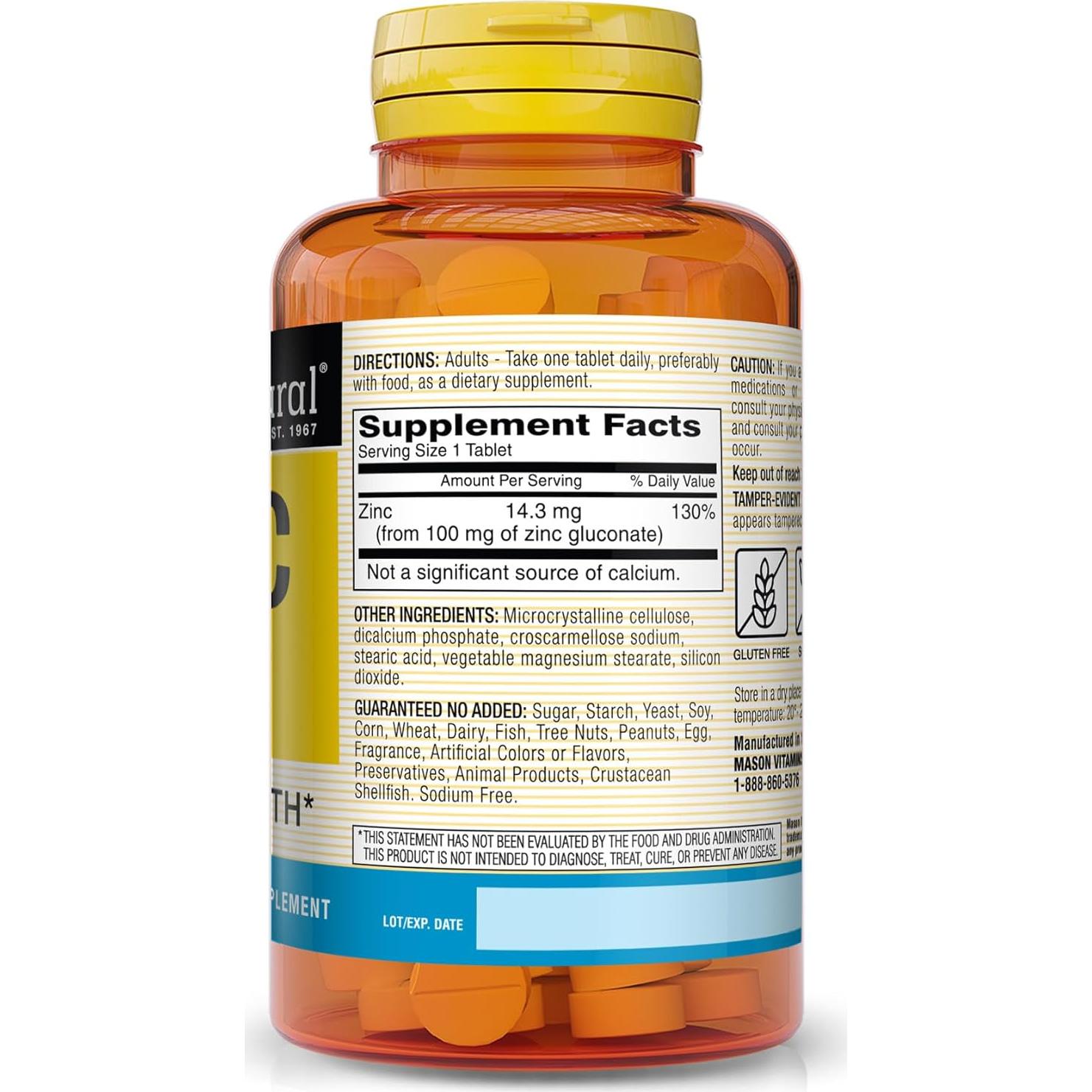 Suplemento de Zinc 100mg Mason Natural - 100 Tabletas