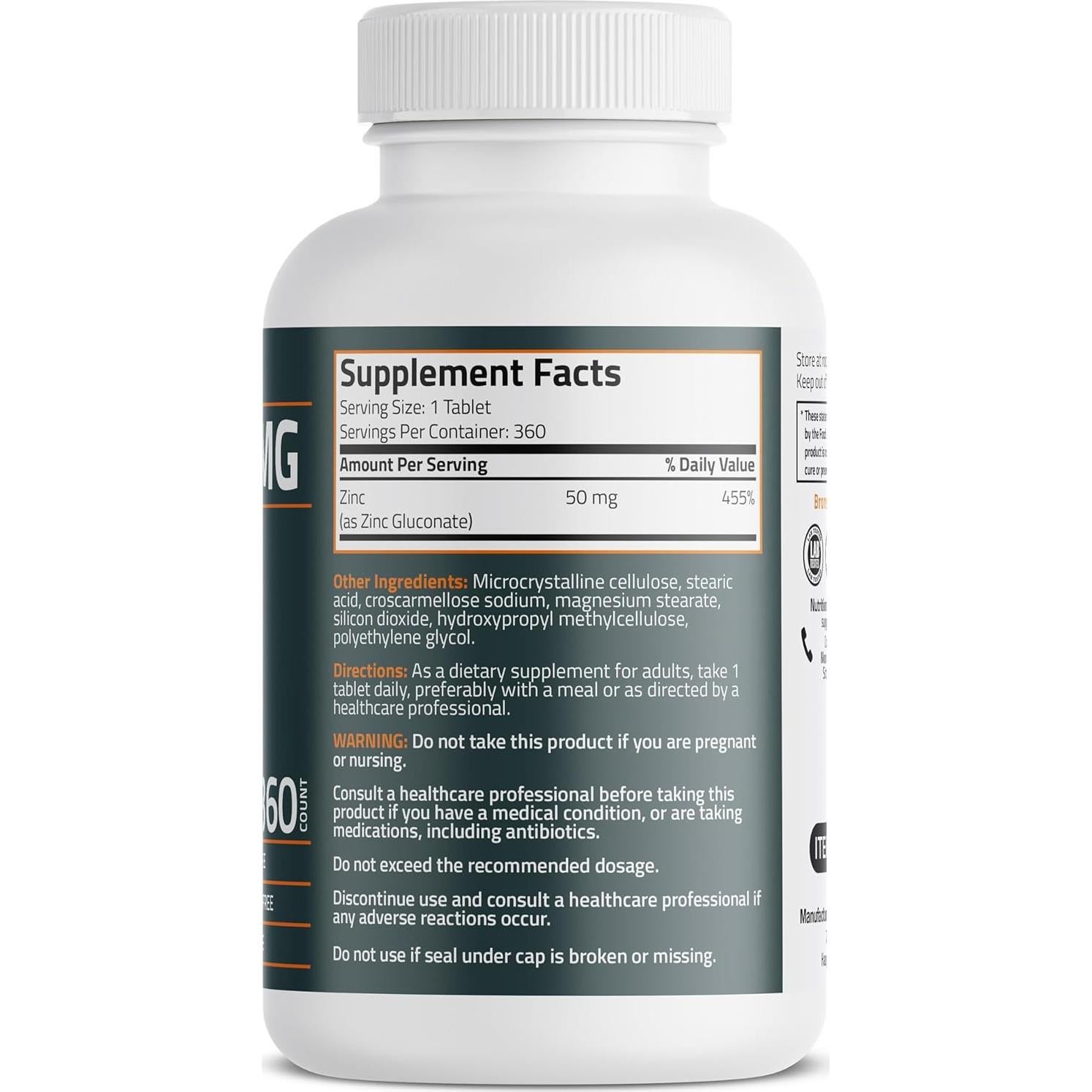 Bronson Zinc 50 MG - 360 Tabletas Vegetarianas Antioxidante