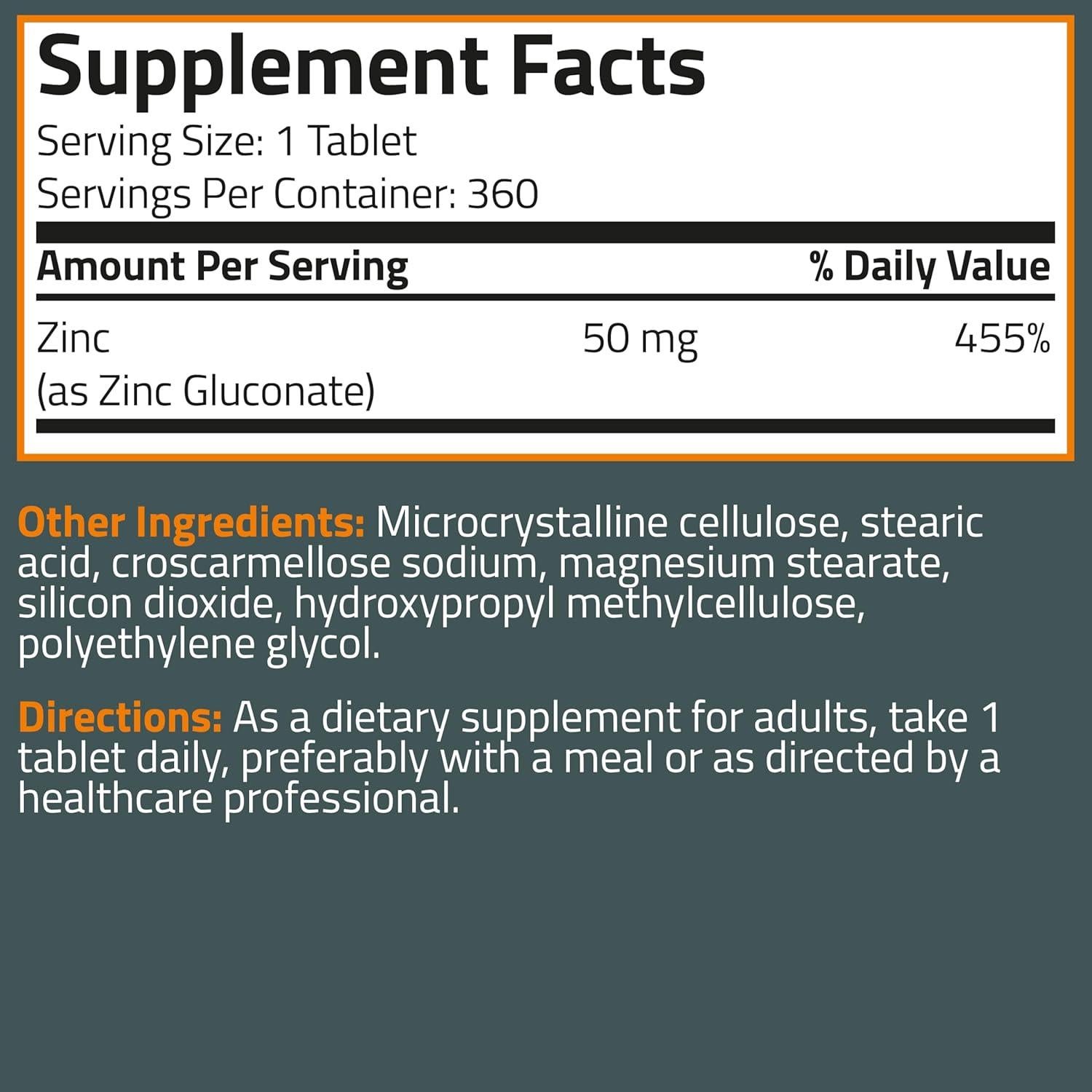 Bronson Zinc 50 MG - 360 Tabletas Vegetarianas Antioxidante
