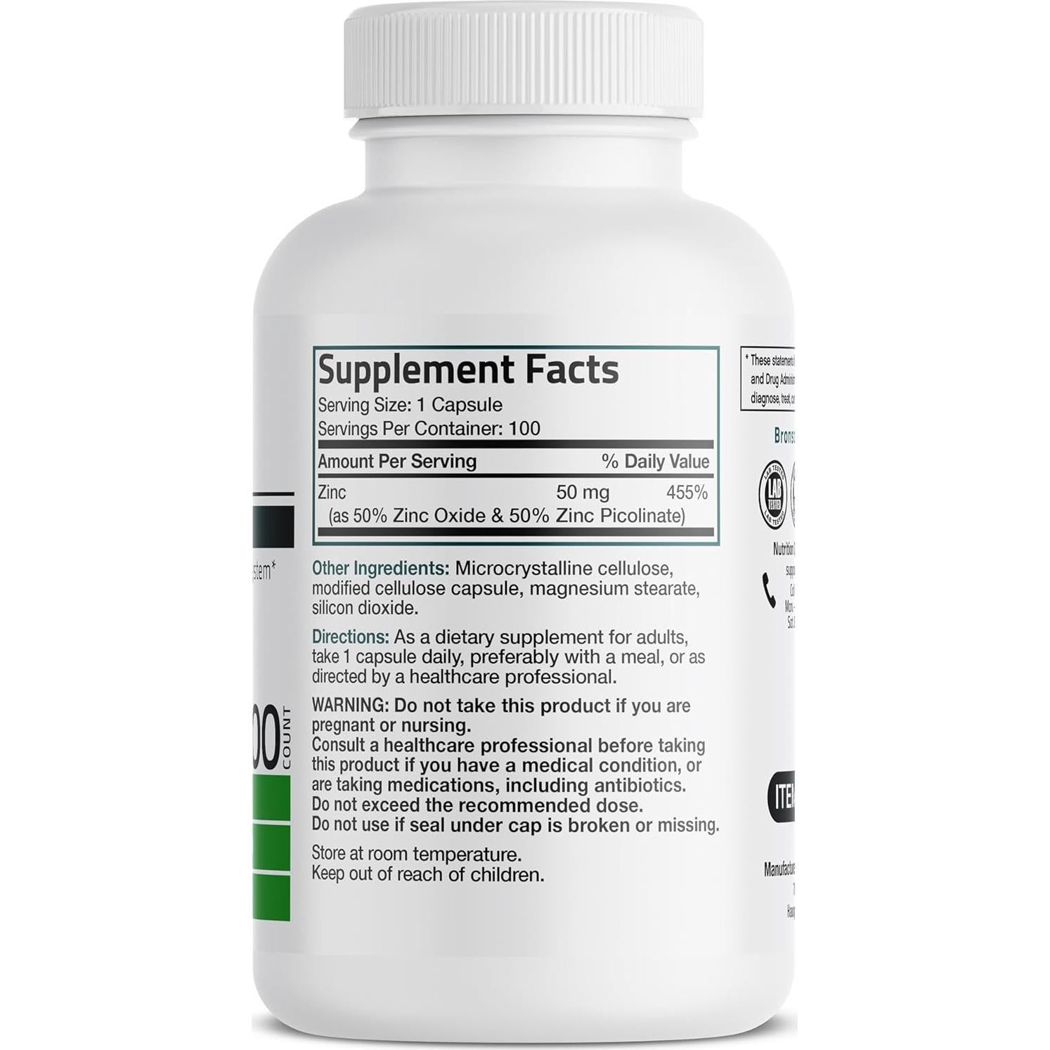 Suplemento de Zinc Bronson 50mg Vegano - 100 Cápsulas