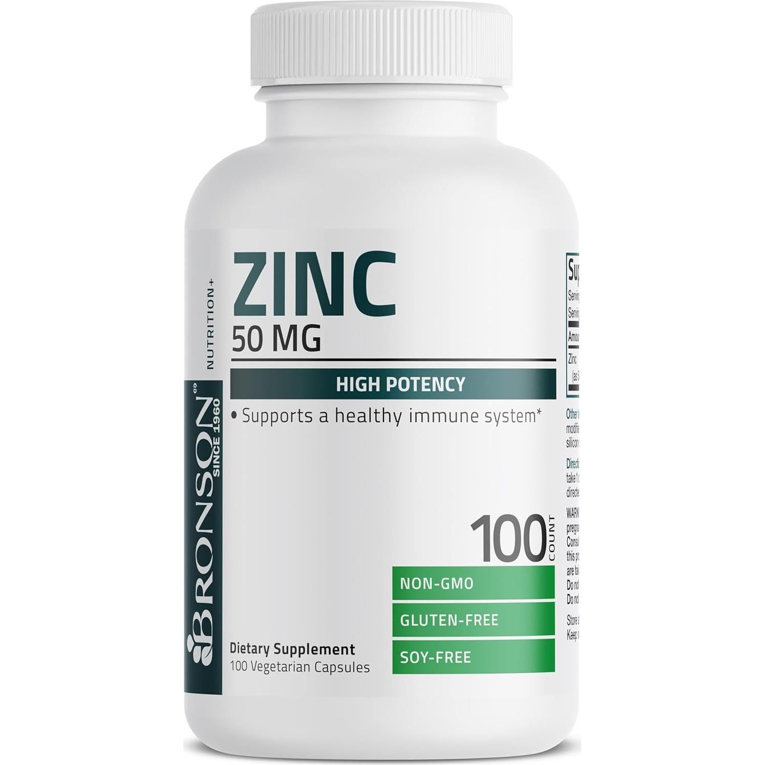 Suplemento de Zinc Bronson 50mg Vegano - 100 Cápsulas