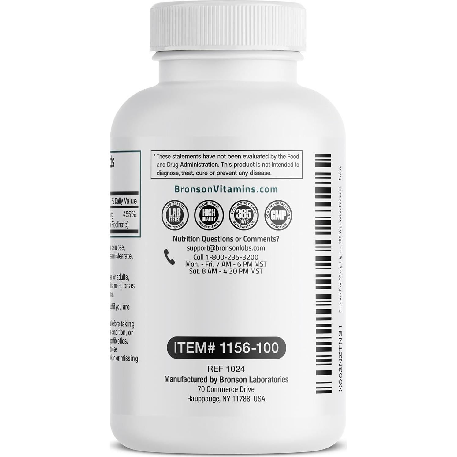 Suplemento de Zinc Bronson 50mg Vegano - 100 Cápsulas