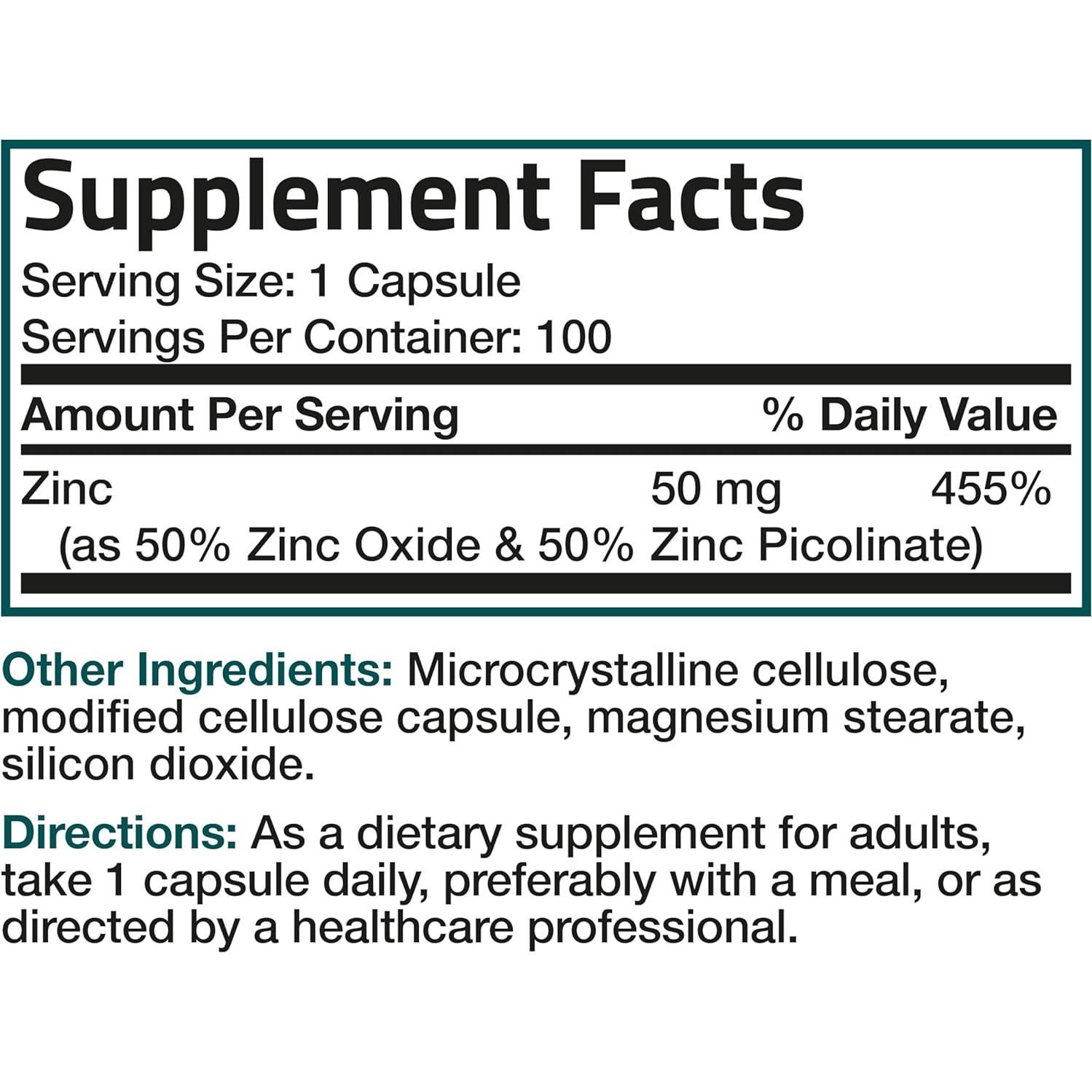 Suplemento de Zinc Bronson 50mg Vegano - 100 Cápsulas