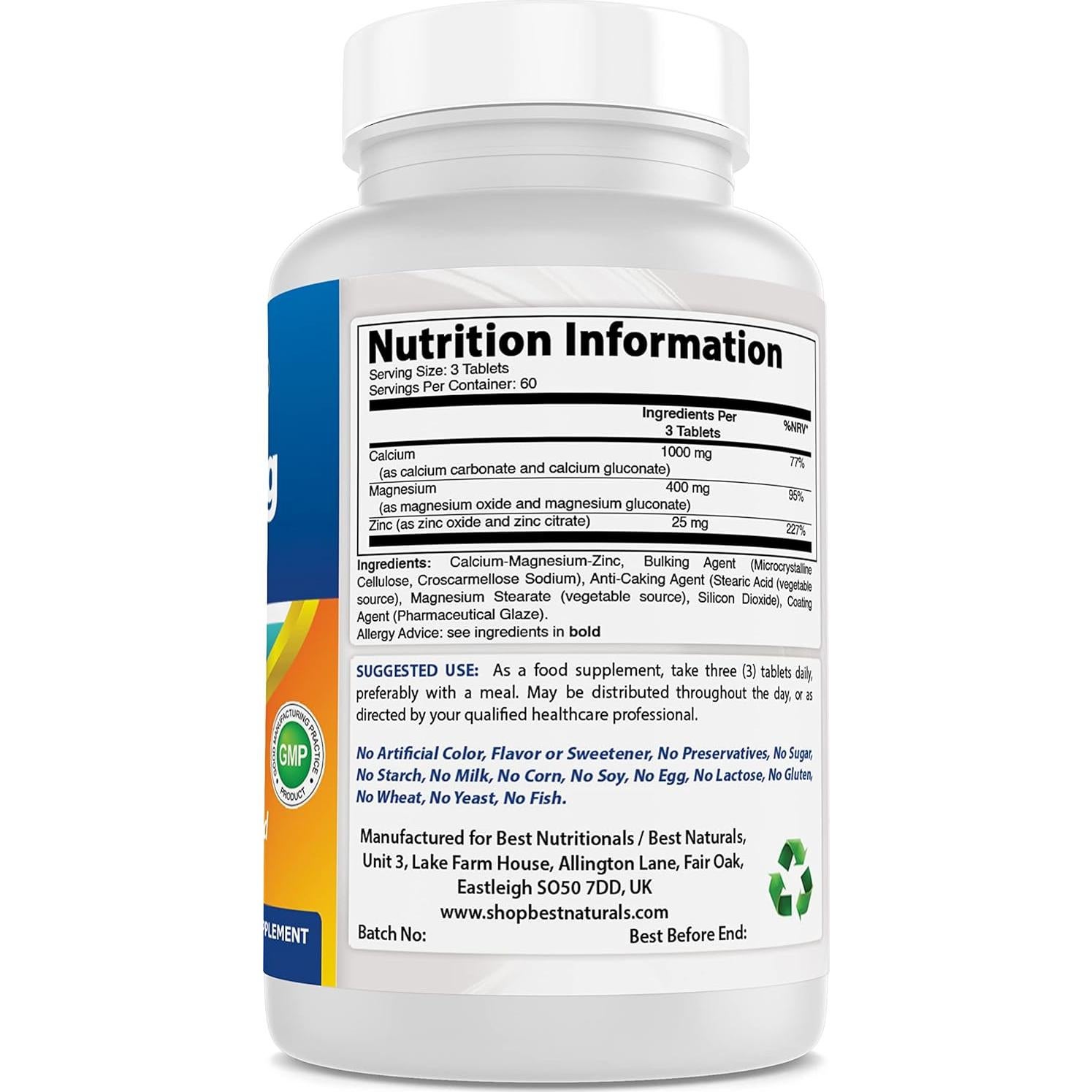 Calcio Magnesio Zinc Best Naturals 180 Tabletas Sin Sabor