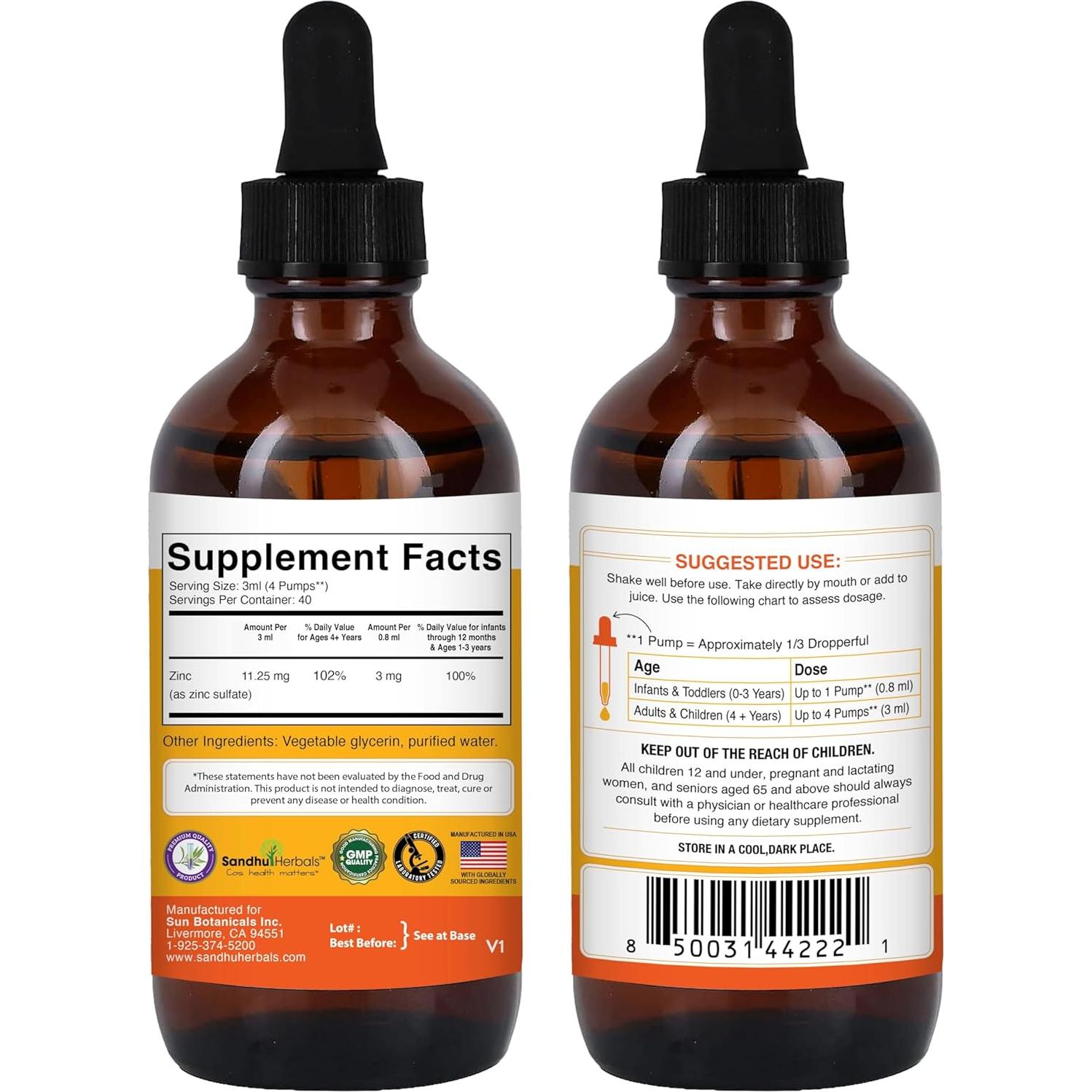 Zinc Líquido para Niños Sandhu Herbals 120 ml - Suplemento Inmunológico