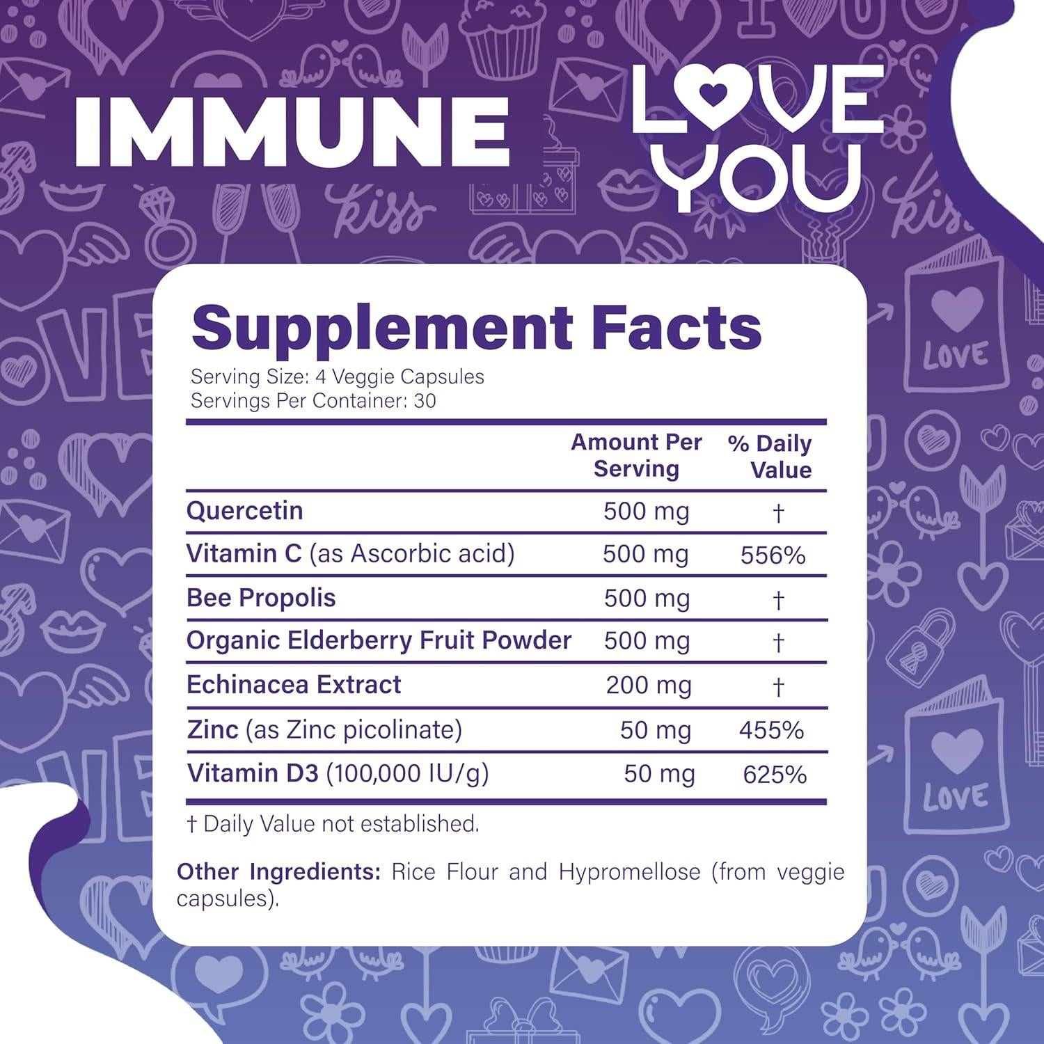 Suplemento Inmunológico Love You - 1000mg Vitamina C, Zinc, Ajo - 120 Cápsulas Veganas - Antioxidante y Sin OGM
