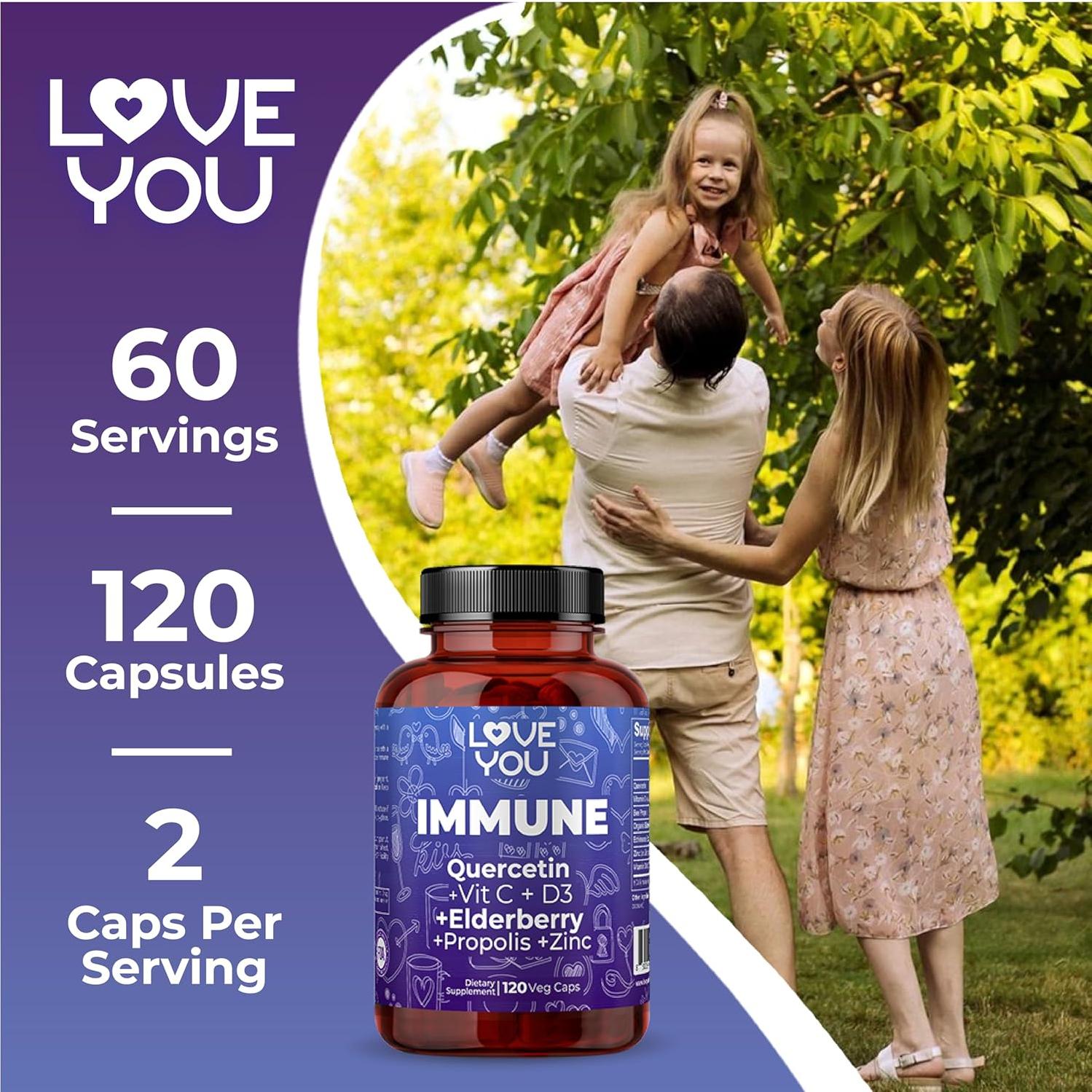 Suplemento Inmunológico Love You - 1000mg Vitamina C, Zinc, Ajo - 120 Cápsulas Veganas - Antioxidante y Sin OGM