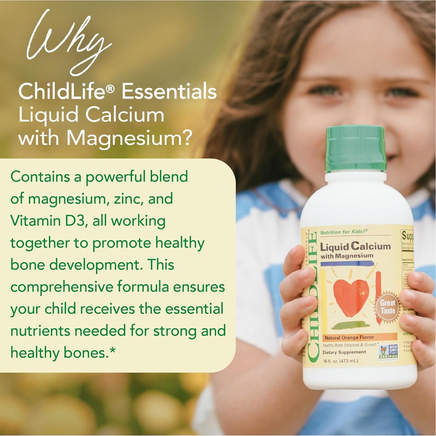 Suplemento Líquido de Calcio ChildLife 473 ml - Niños con Magnesio, Zinc y Vitamina D3 Sabor Naranja