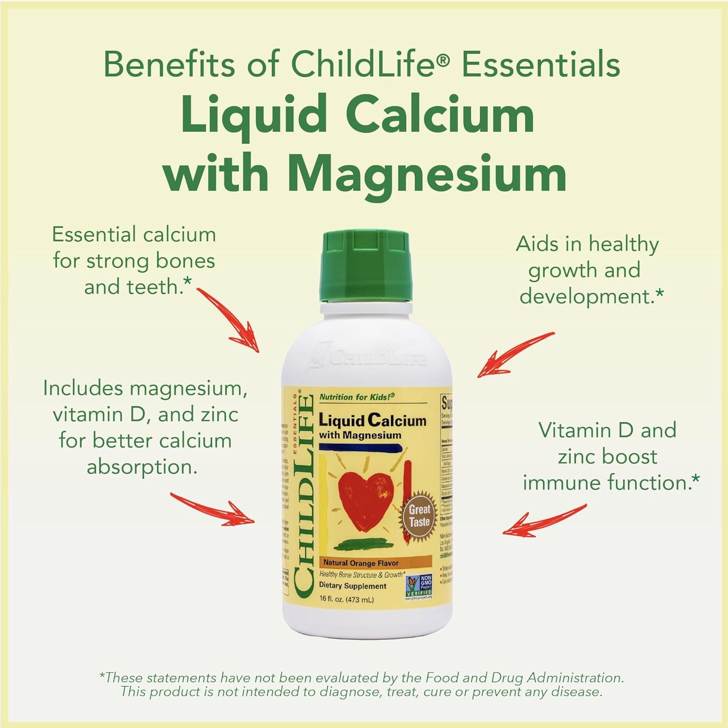 Suplemento Líquido de Calcio ChildLife 473 ml - Niños con Magnesio, Zinc y Vitamina D3 Sabor Naranja