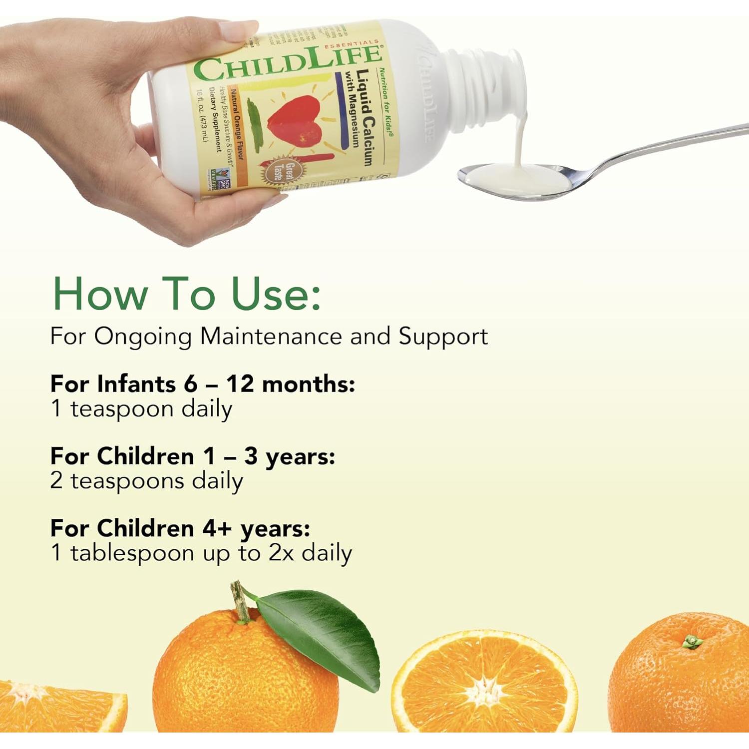 Suplemento Líquido de Calcio ChildLife 473 ml - Niños con Magnesio, Zinc y Vitamina D3 Sabor Naranja