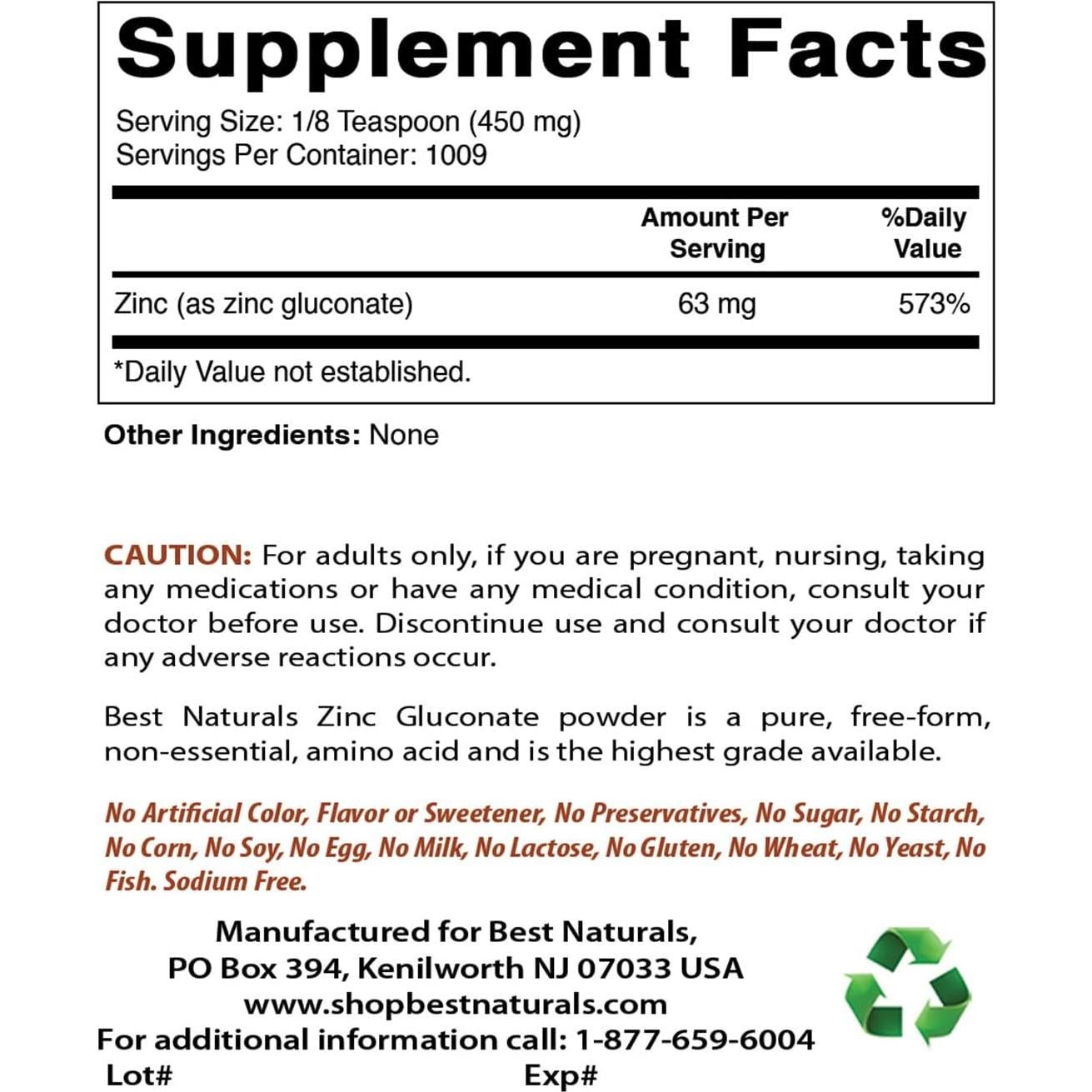 Zinc Gluconato en Polvo Puro 450 mg Mejor Naturales 0.54 kg