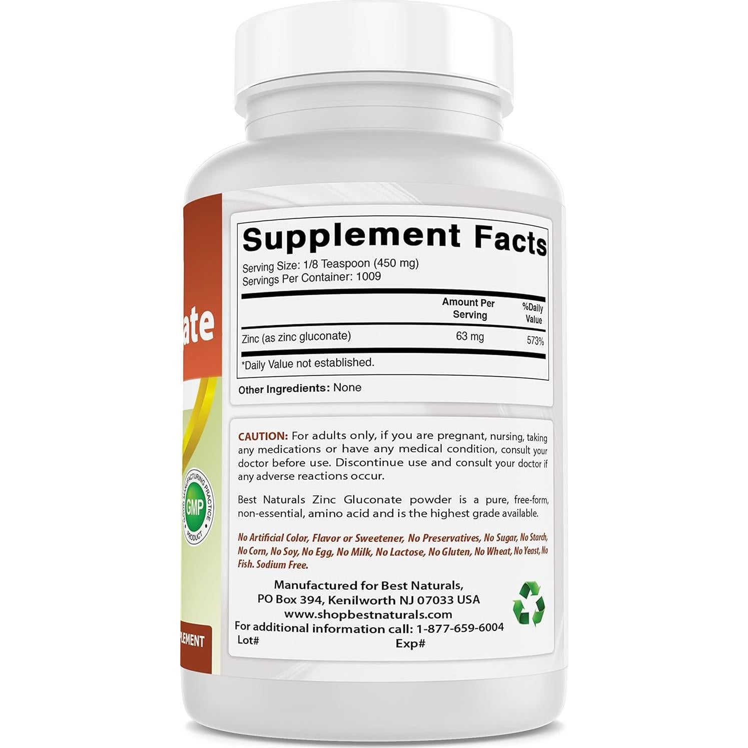 Zinc Gluconato en Polvo Puro 450 mg Mejor Naturales 0.54 kg