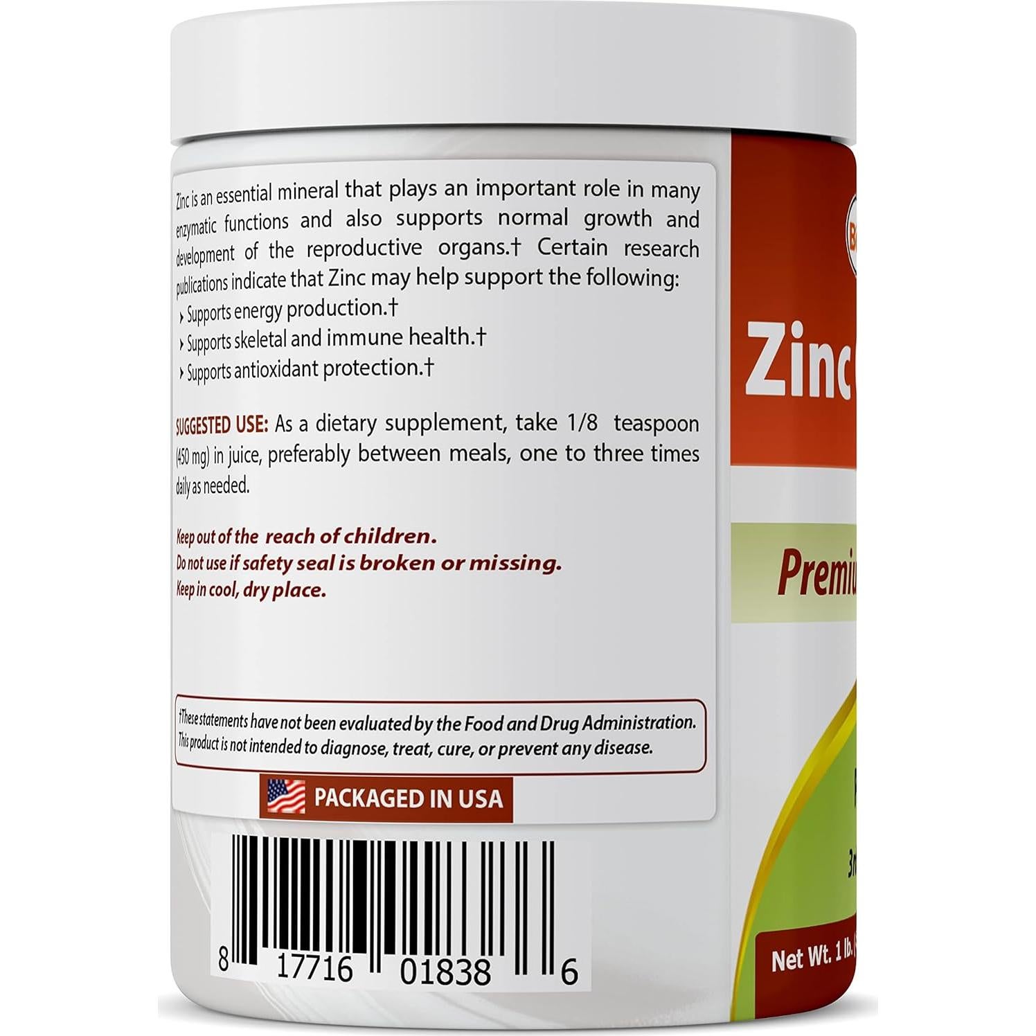 Zinc Gluconato en Polvo Puro 450 mg Mejor Naturales 0.54 kg