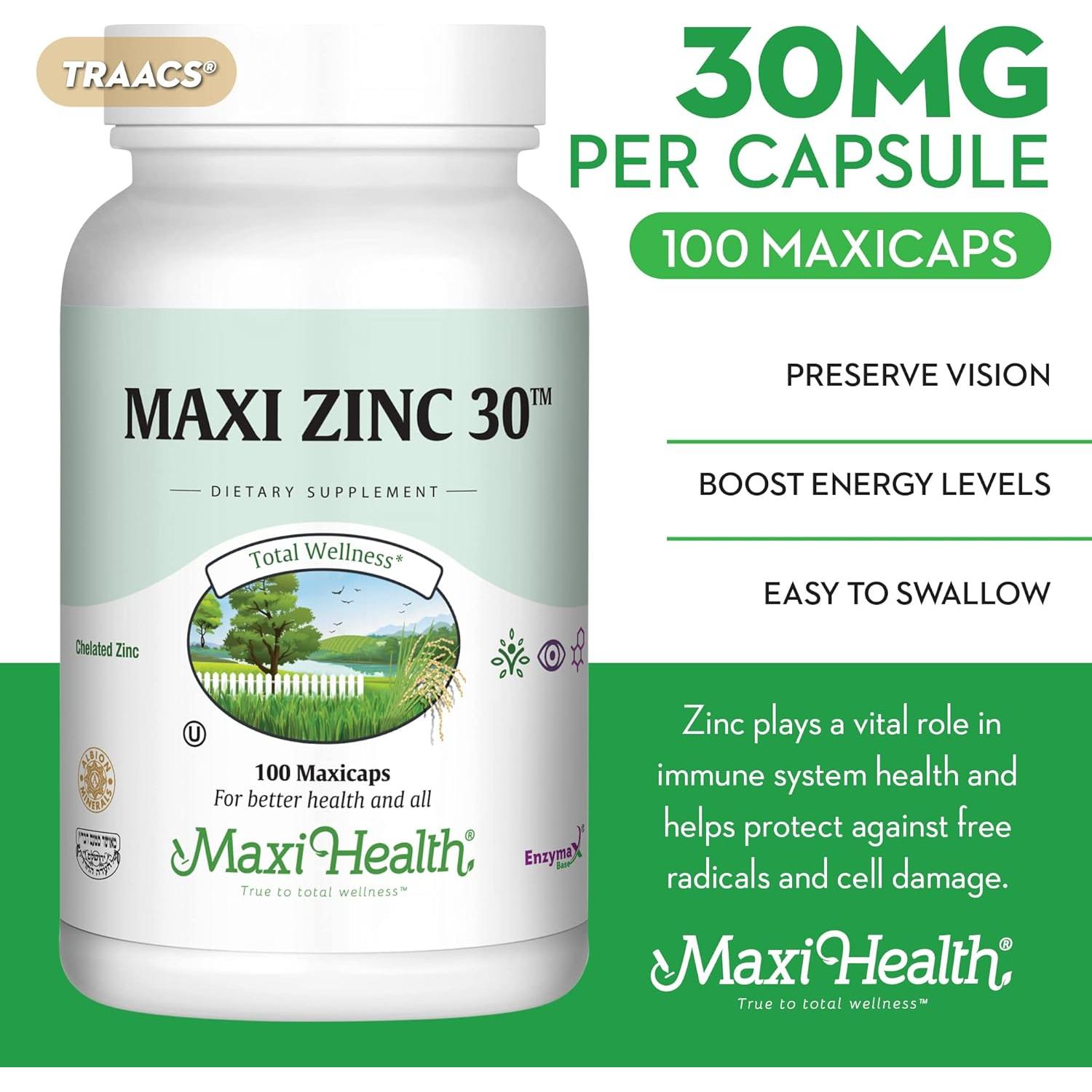 Suplemento de Zinc Maxi Health 30 mg - 100 Cápsulas Kosher