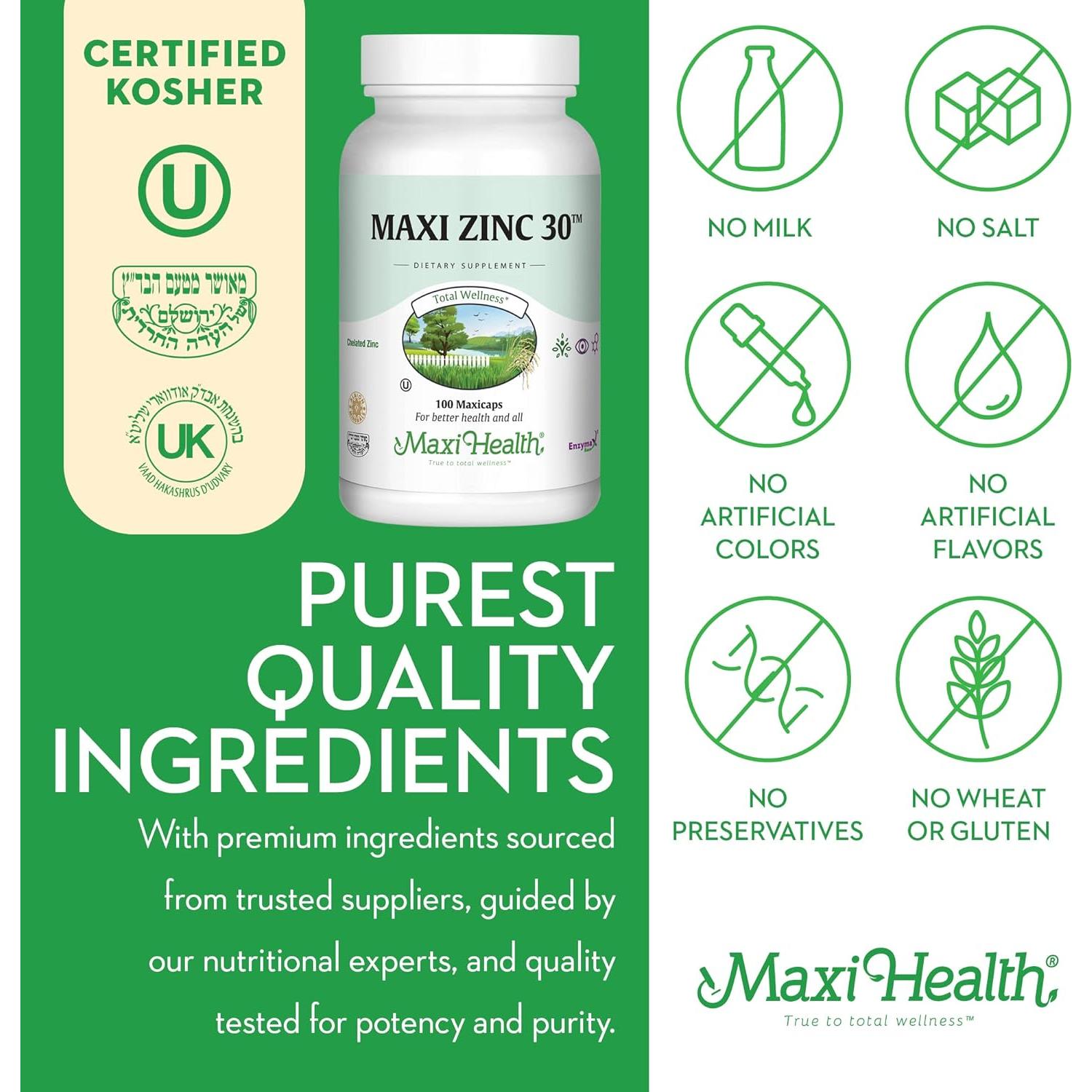 Suplemento de Zinc Maxi Health 30 mg - 100 Cápsulas Kosher