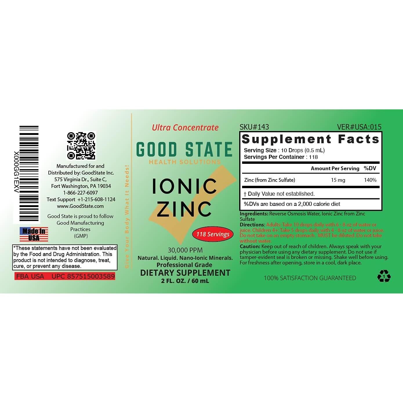 Suplemento Líquido de Zinc Iónico Good State 45g