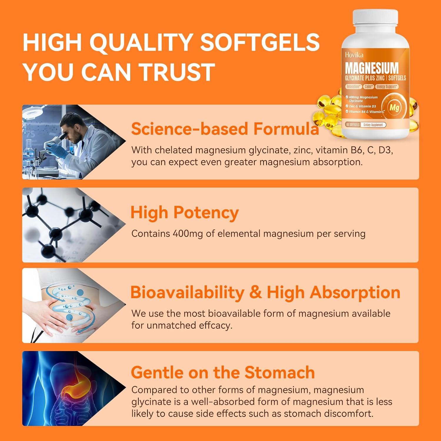 Suplemento Glicinato de Magnesio Hovika 400mg 120 Softgels Veganas